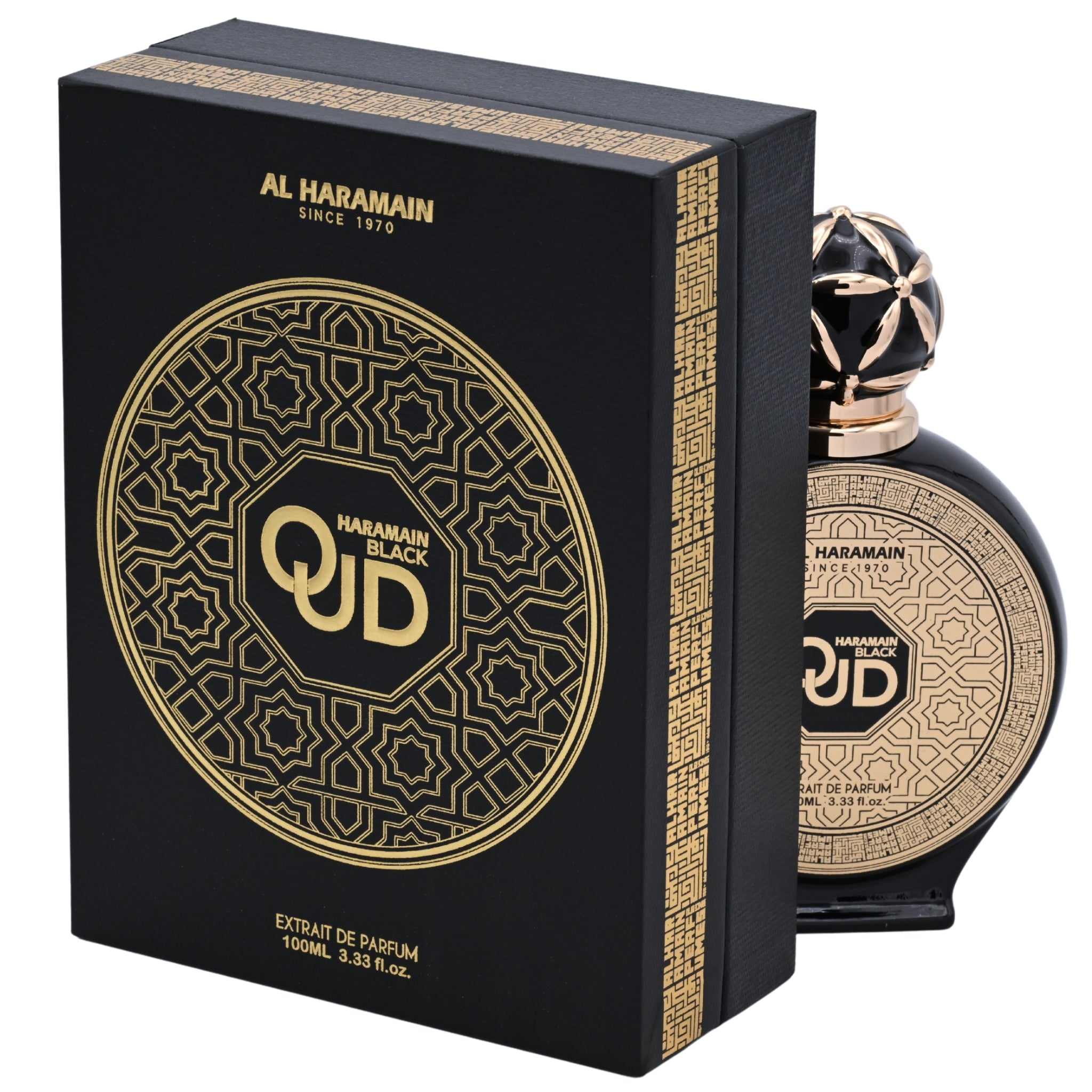 Al Haramain Black Oud perfume bottle and packaging on a white background