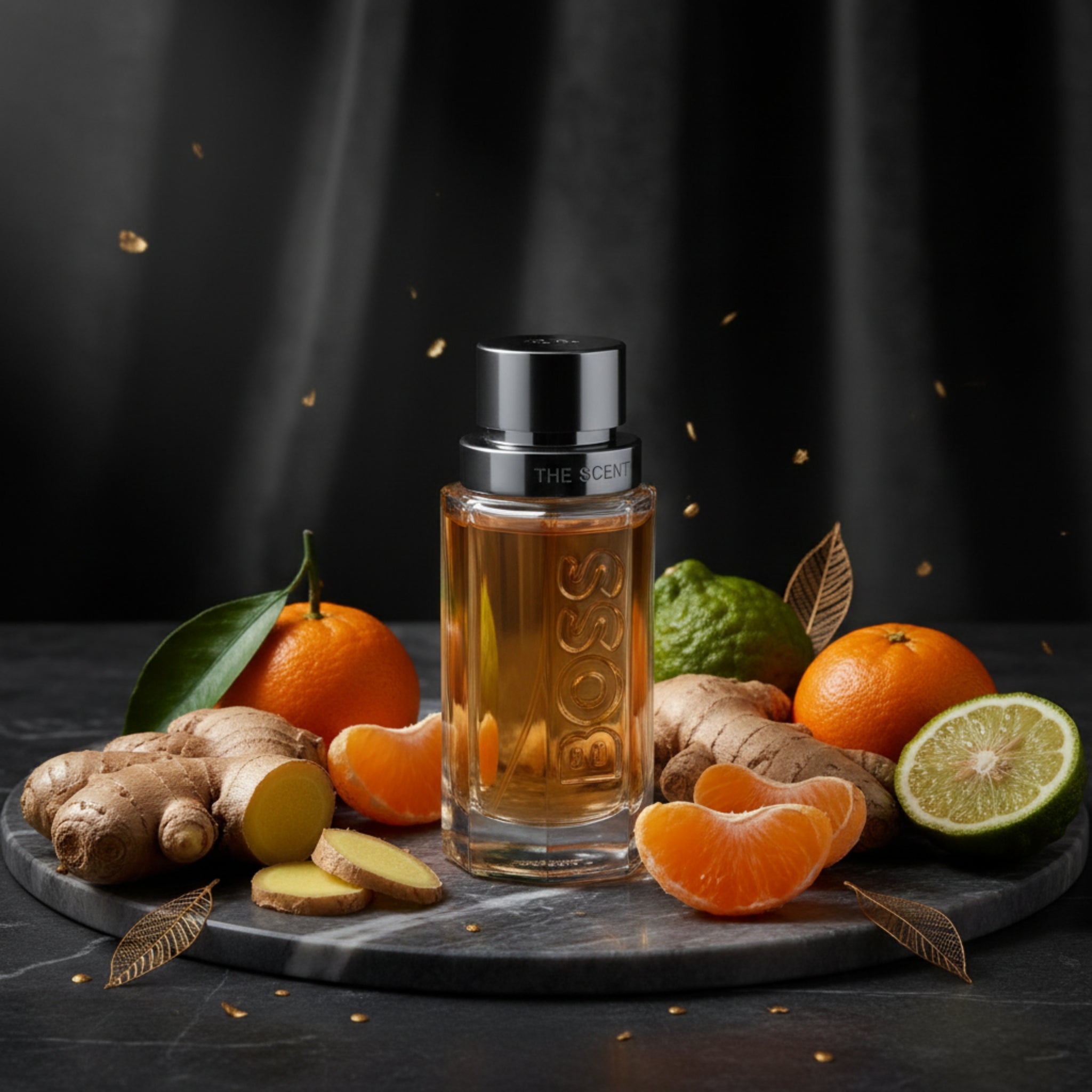 Perfume bottle on a dark surface with fruits and spices