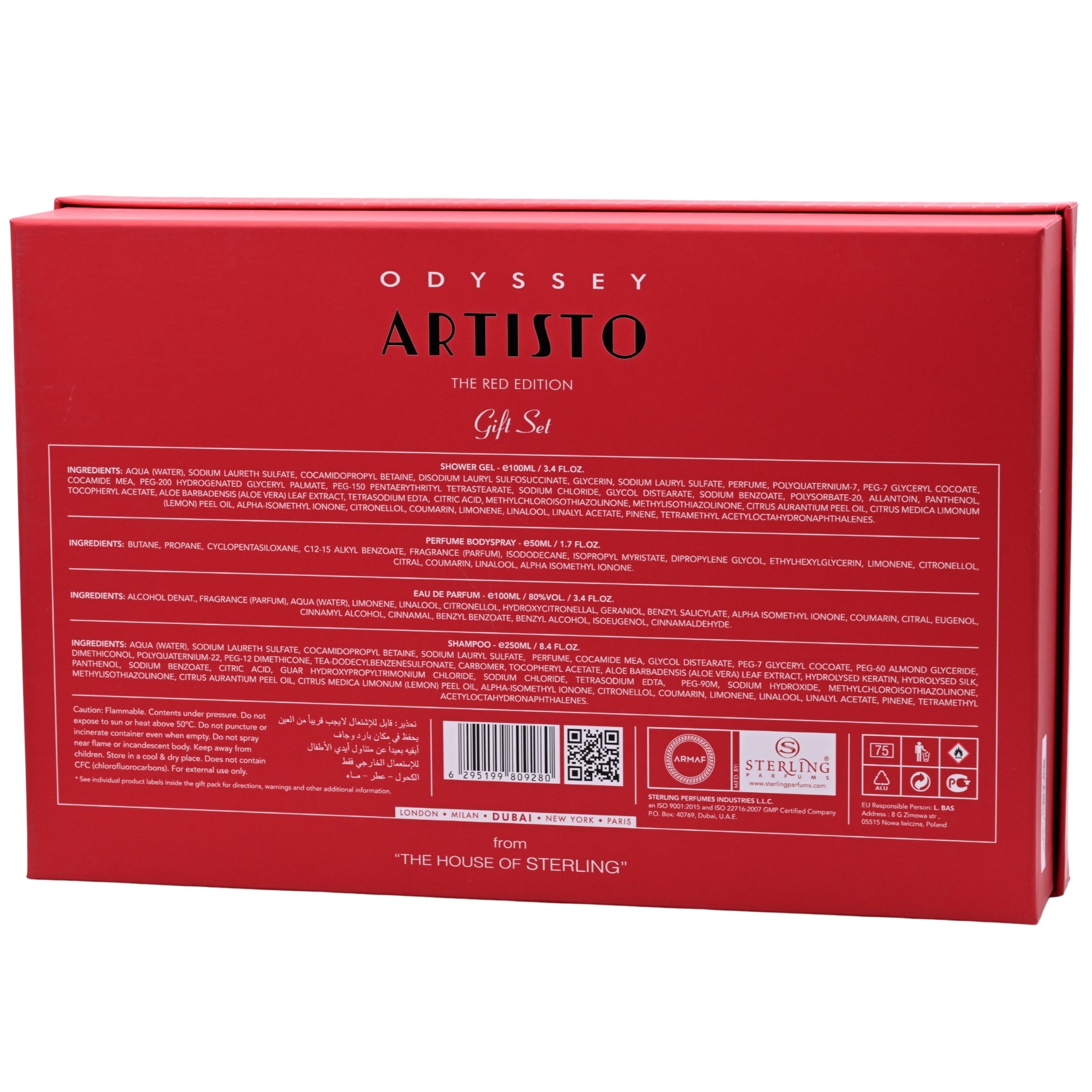 Red Odyssey Artisto gift set packaging with branding and product details.