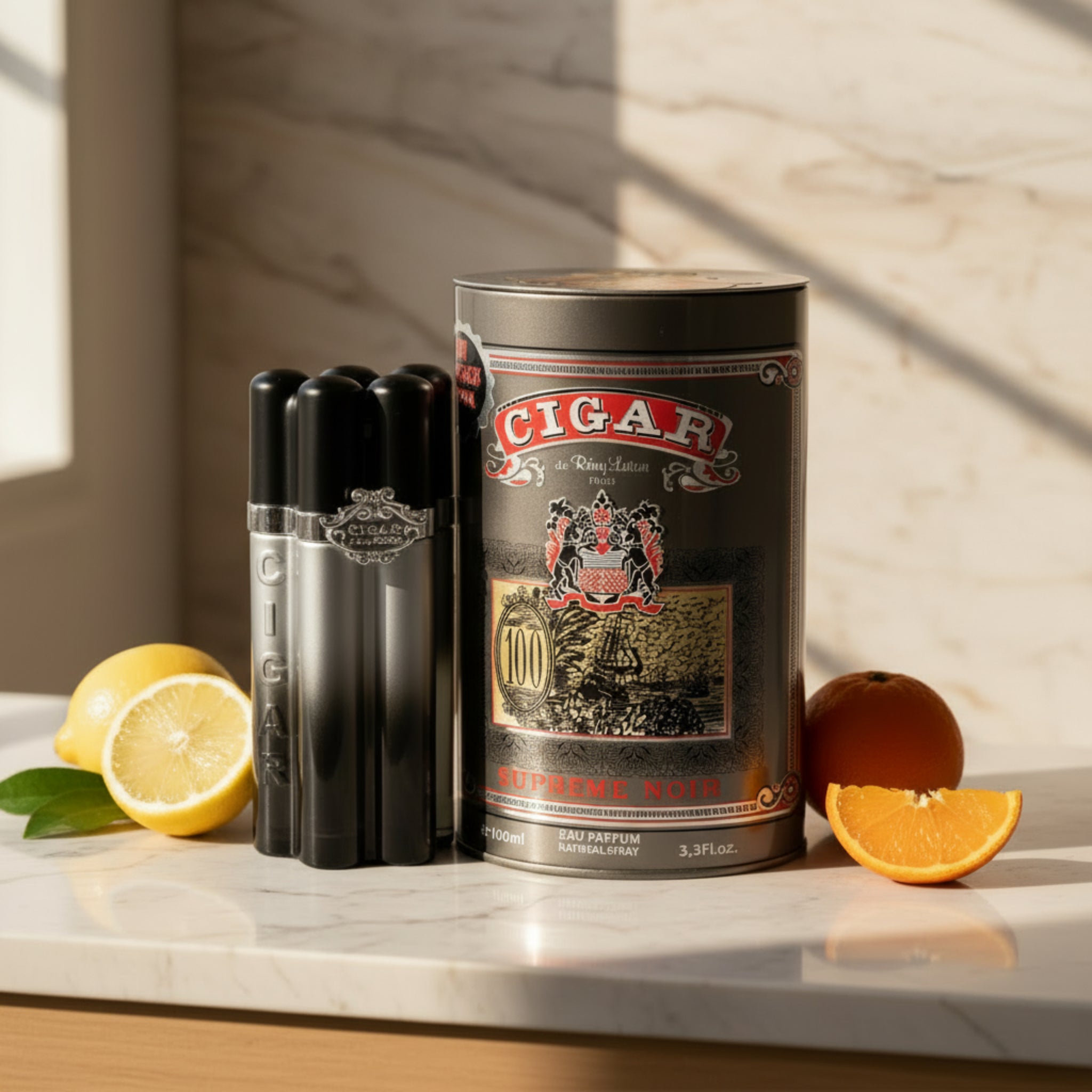 Cigar-themed perfume bottle and packaging on a marble surface with fruits