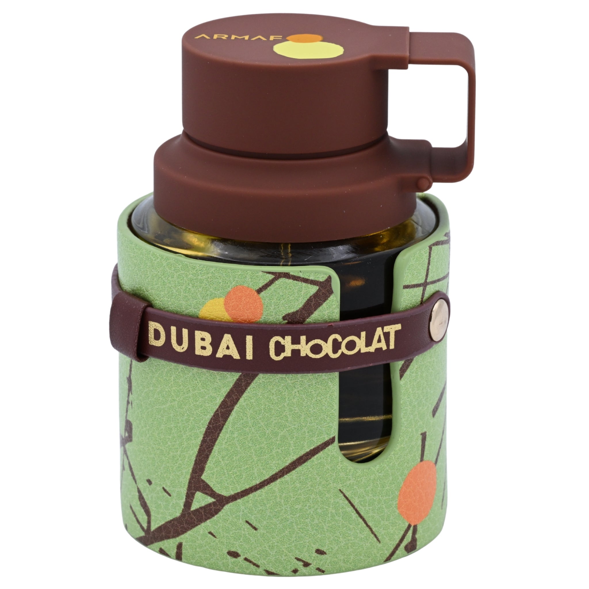 Green chocolate-themed bottle with brown lid and 'Dubai Chocolat' branding on a white background