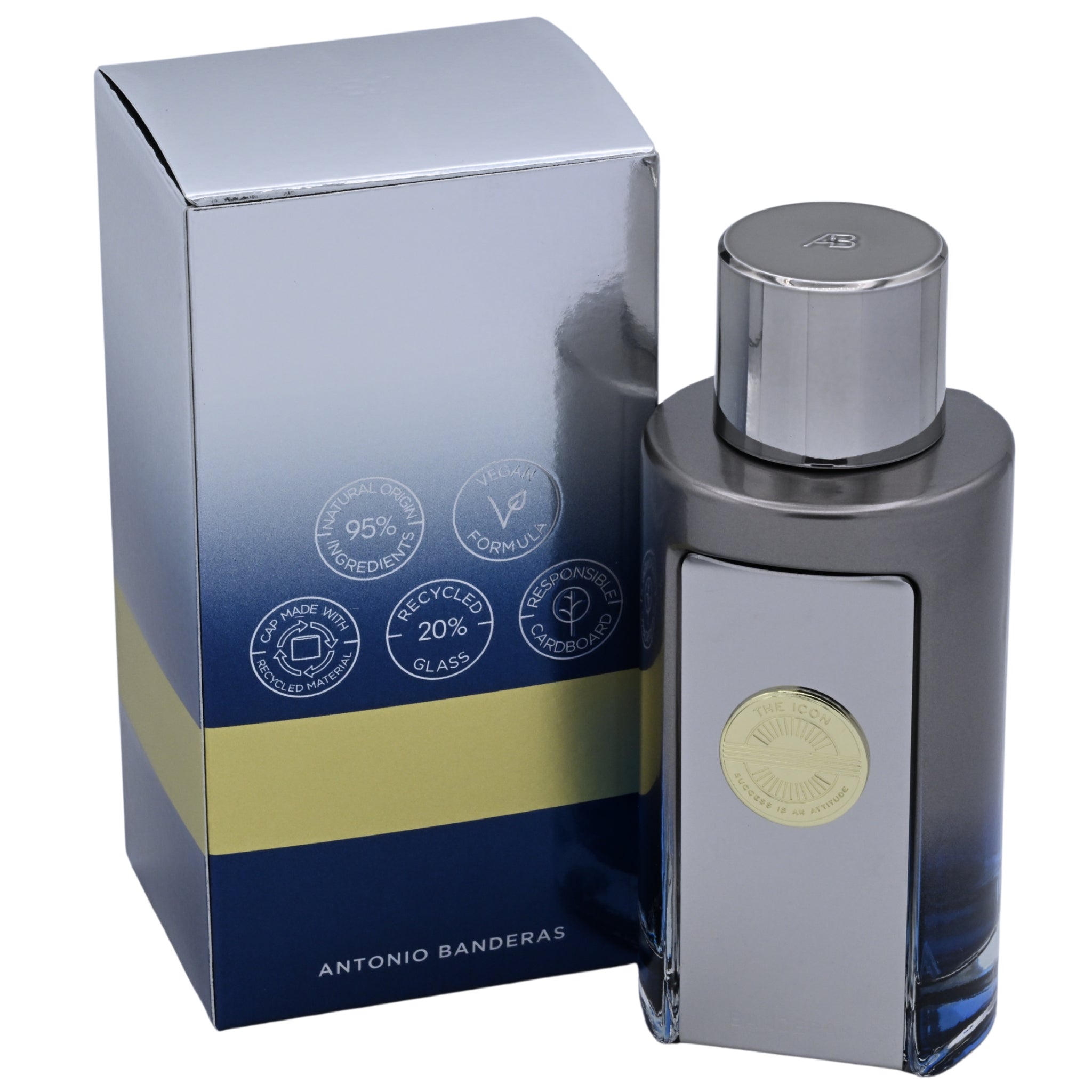 Perfume bottle and packaging with 'Antonio Banderas' branding on a white background