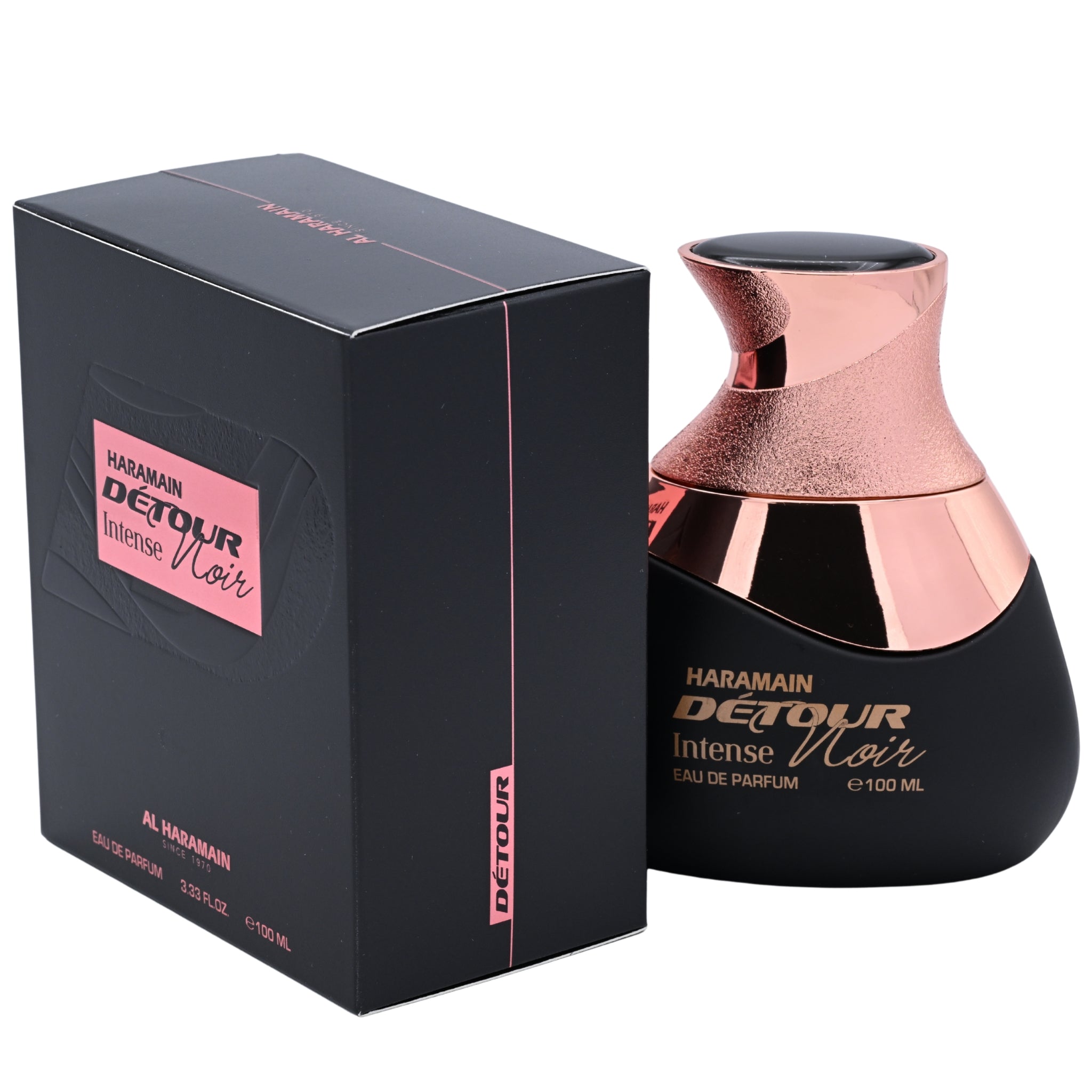 Haramain Detour Intense Noir perfume bottle and packaging on a white background