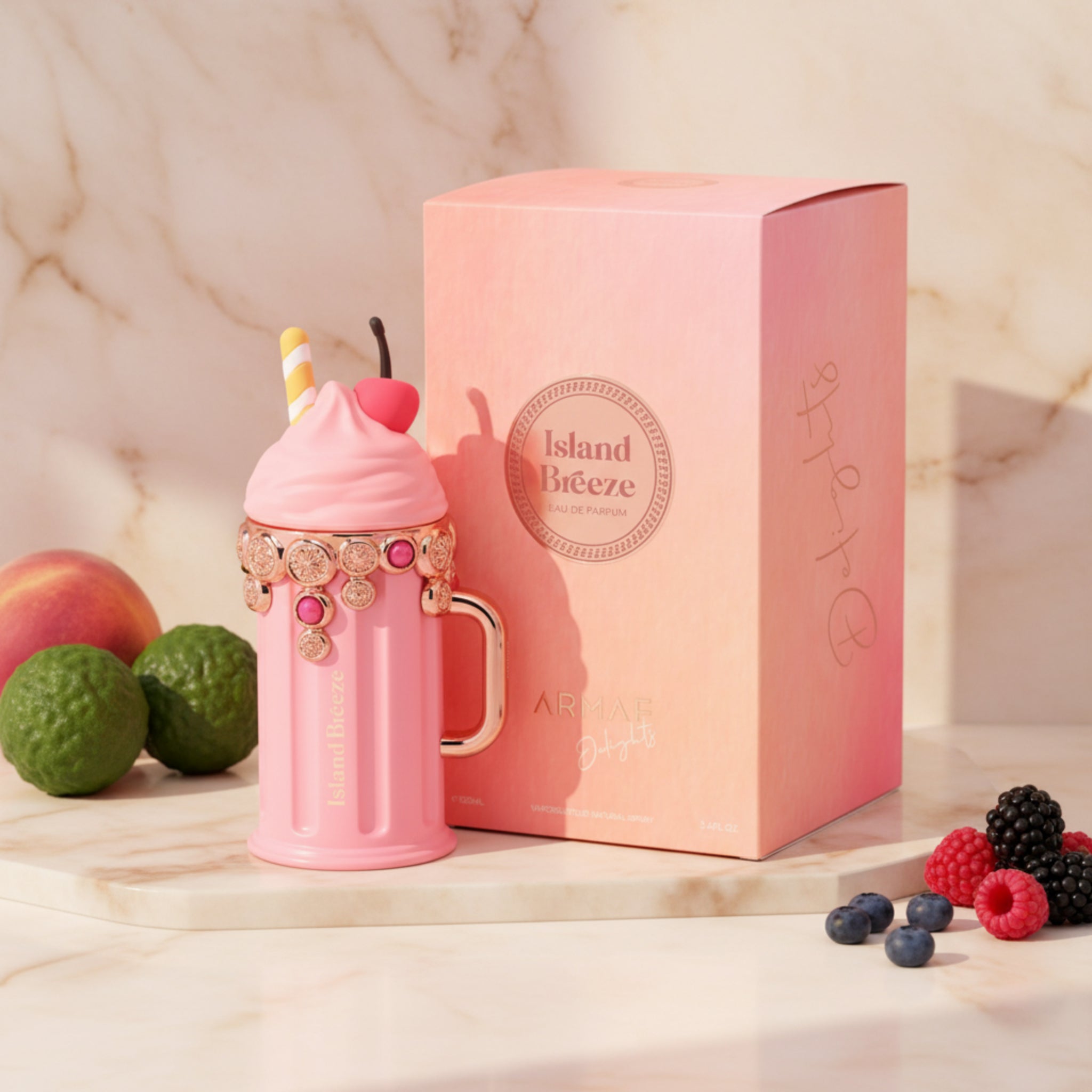 Pink ice cream-themed perfume bottle with cherry on top next to its packaging box.