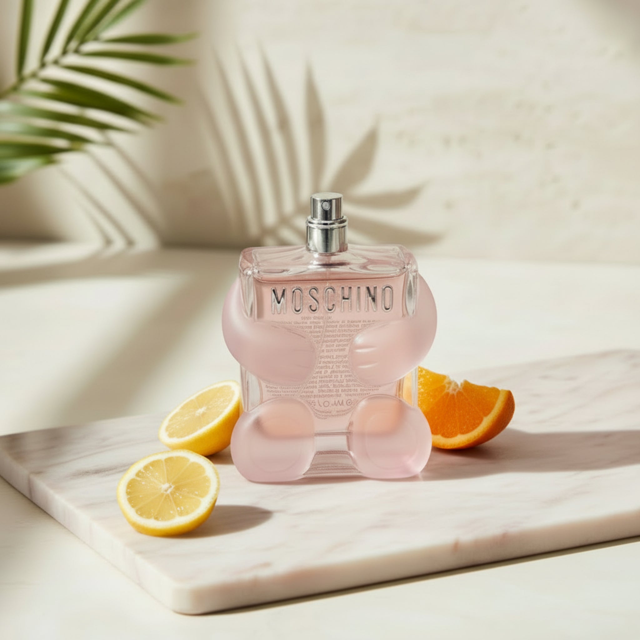 Pink Moschino perfume bottle on a white background