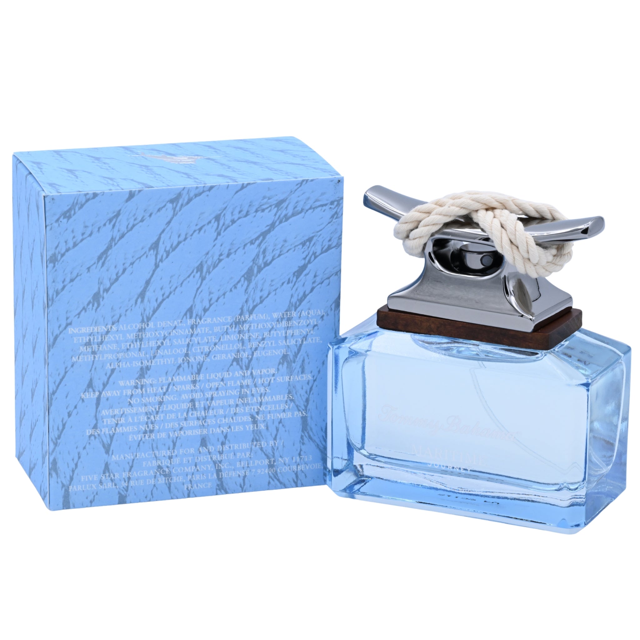 Blue perfume bottle with decorative cap and matching box on a white background