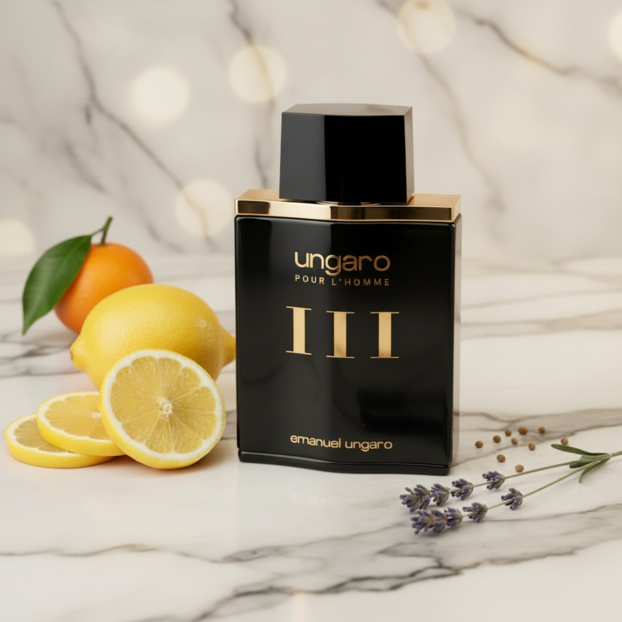 Perfume bottle with black and gold design on a white background