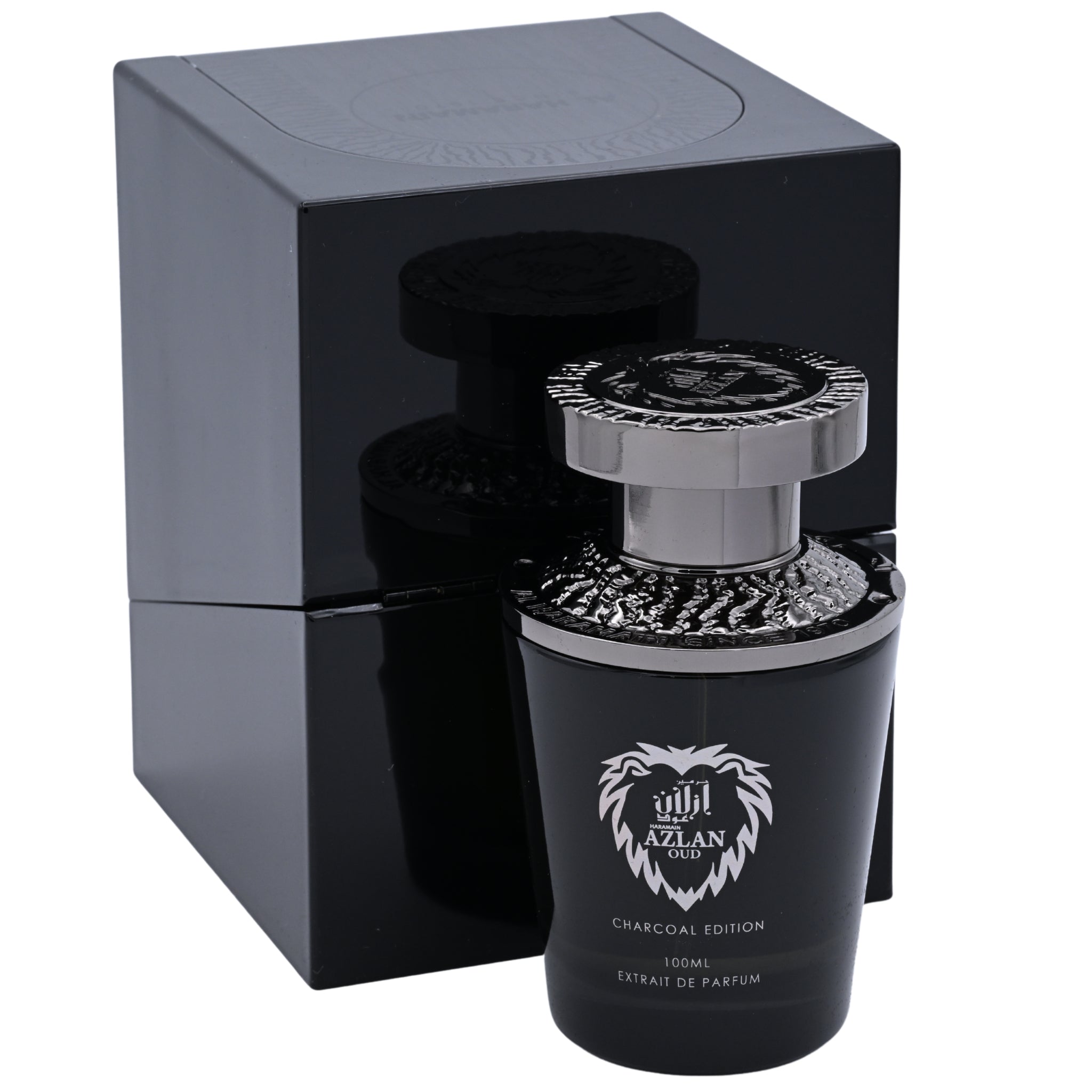 Black perfume bottle with silver cap and 'Azlan Oud' branding in a black box on a white background