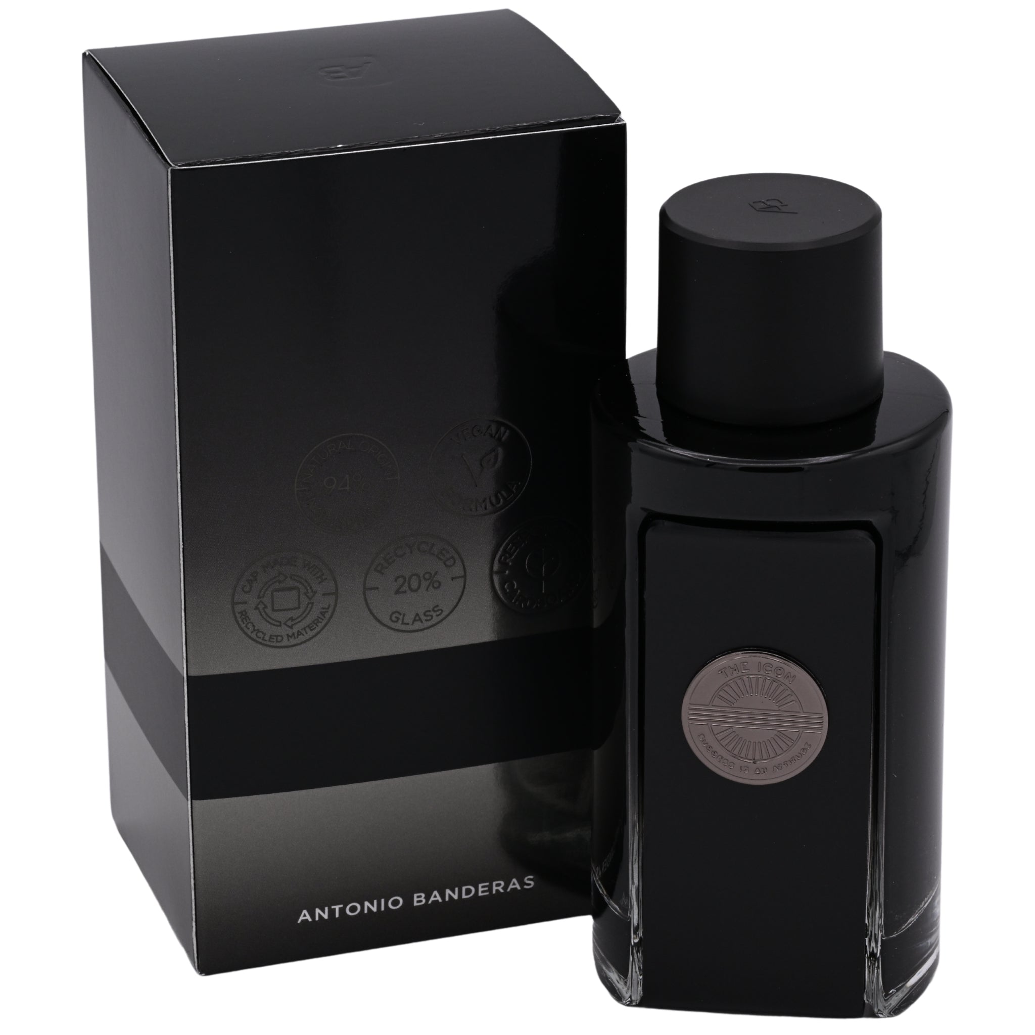 Black perfume bottle and packaging with 'Antonio Banderas' branding on a white background