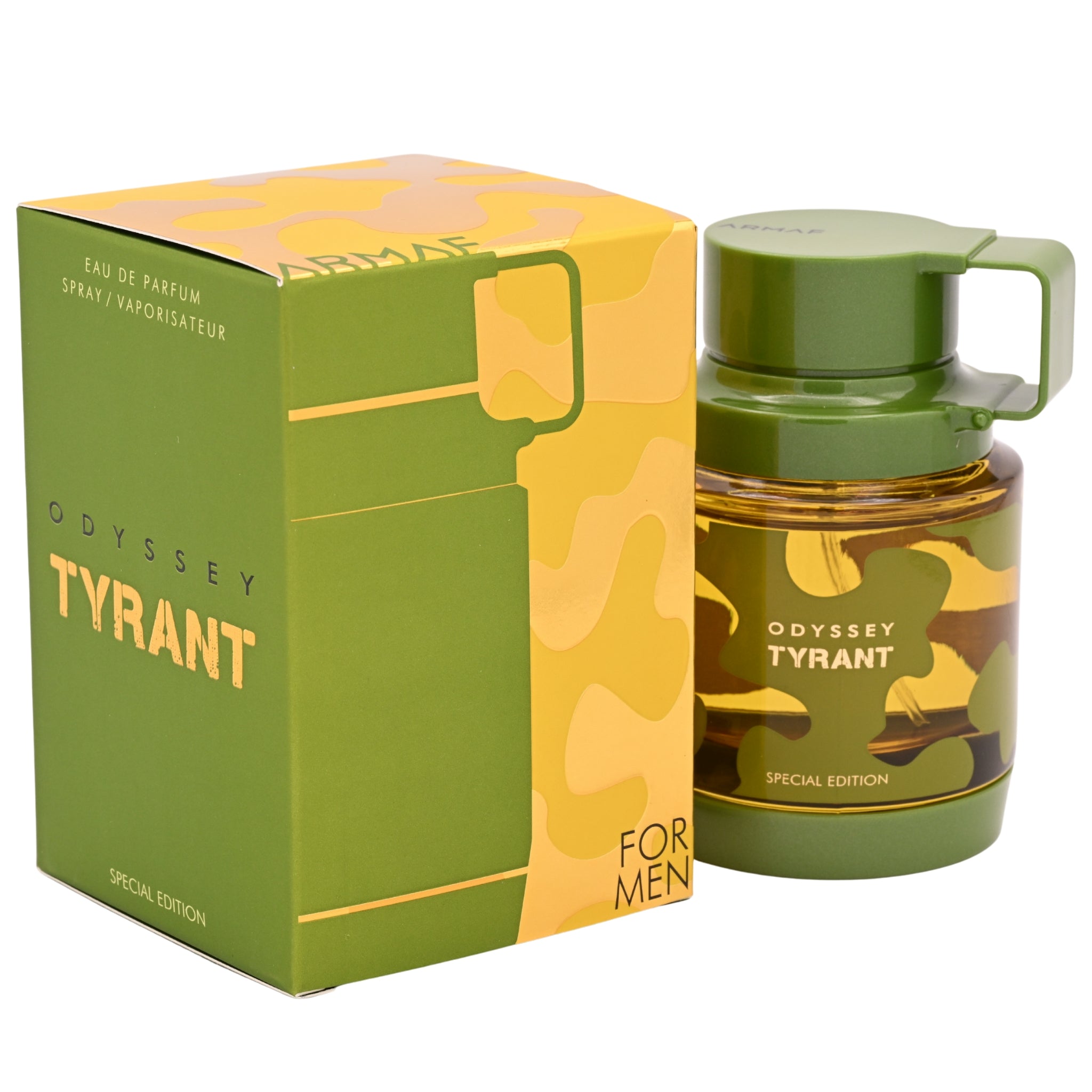 Green and yellow 'Odyssey Tyrant' perfume bottle and packaging on a white background