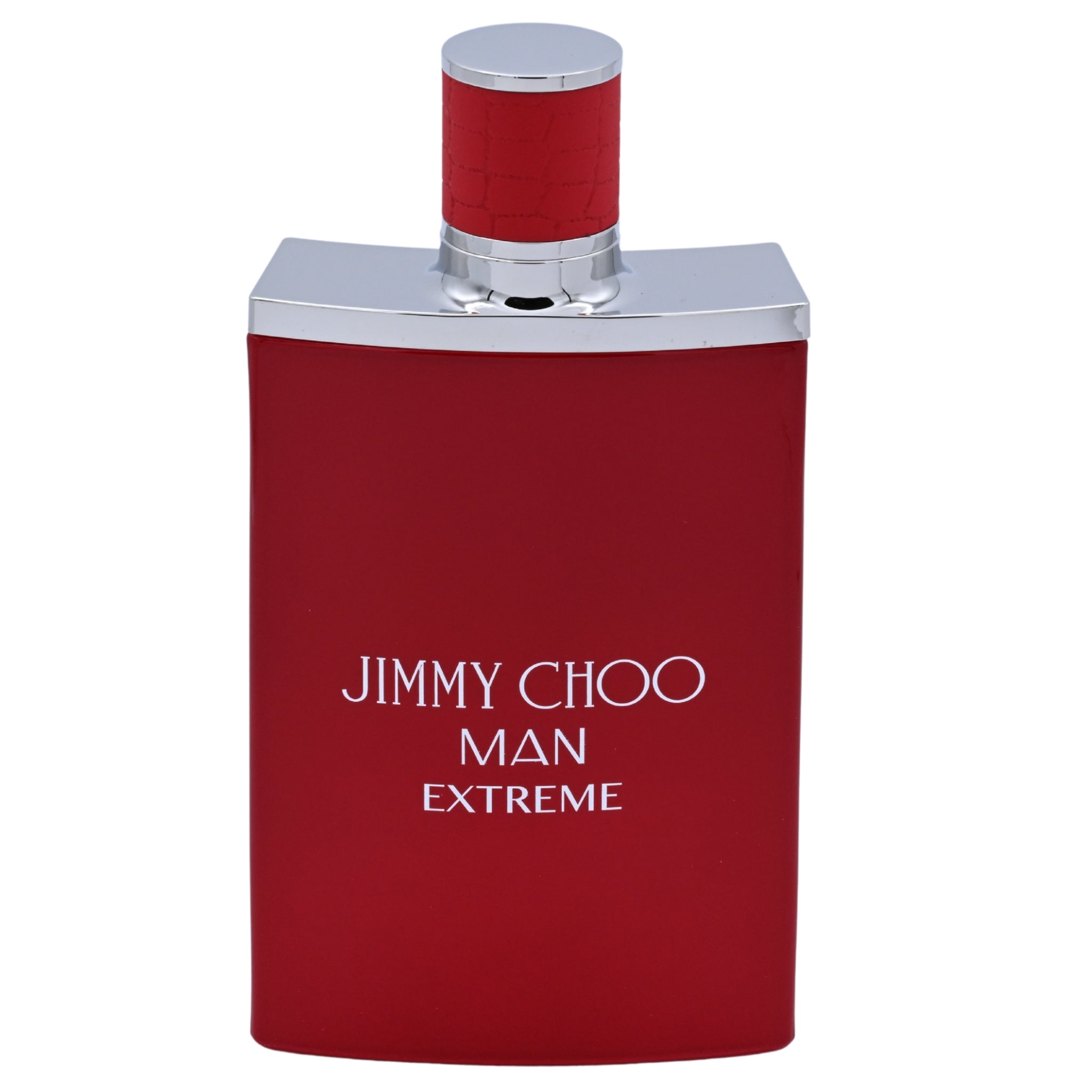 Red perfume bottle with silver cap labeled 'Jimmy Choo Man Extreme' on a white background