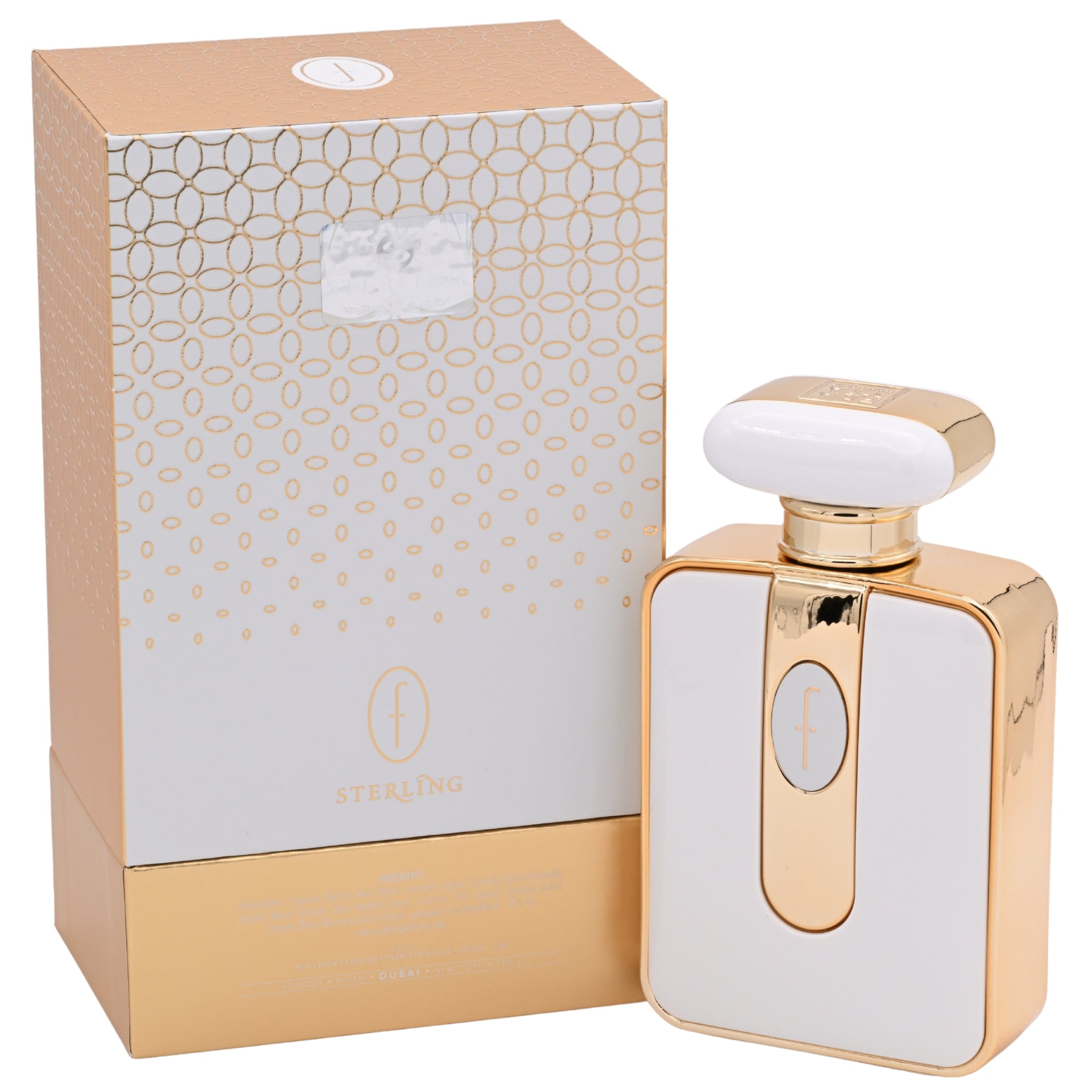 Perfume bottle with gold and white design next to its packaging on a white background