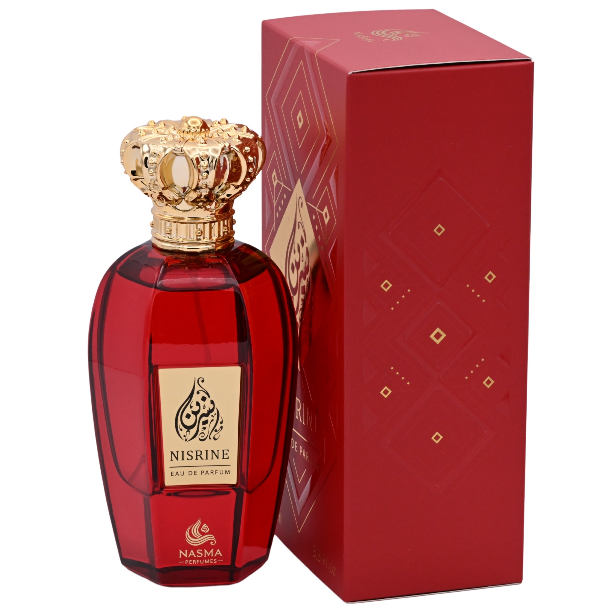 Red perfume bottle with gold cap and Nisrine branding next to a matching red box on a white background.