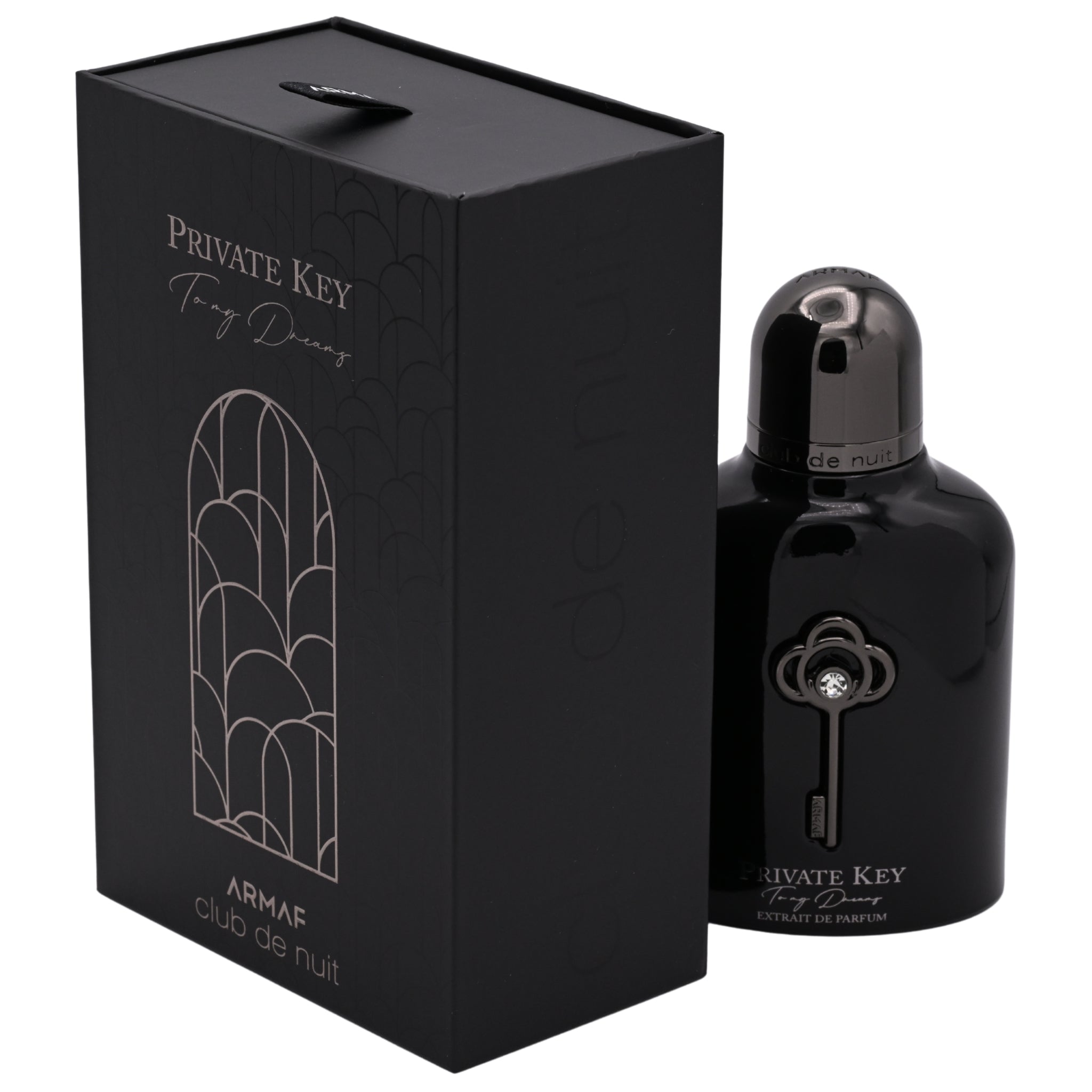 Black perfume bottle and packaging with 'Private Key' branding on a white background