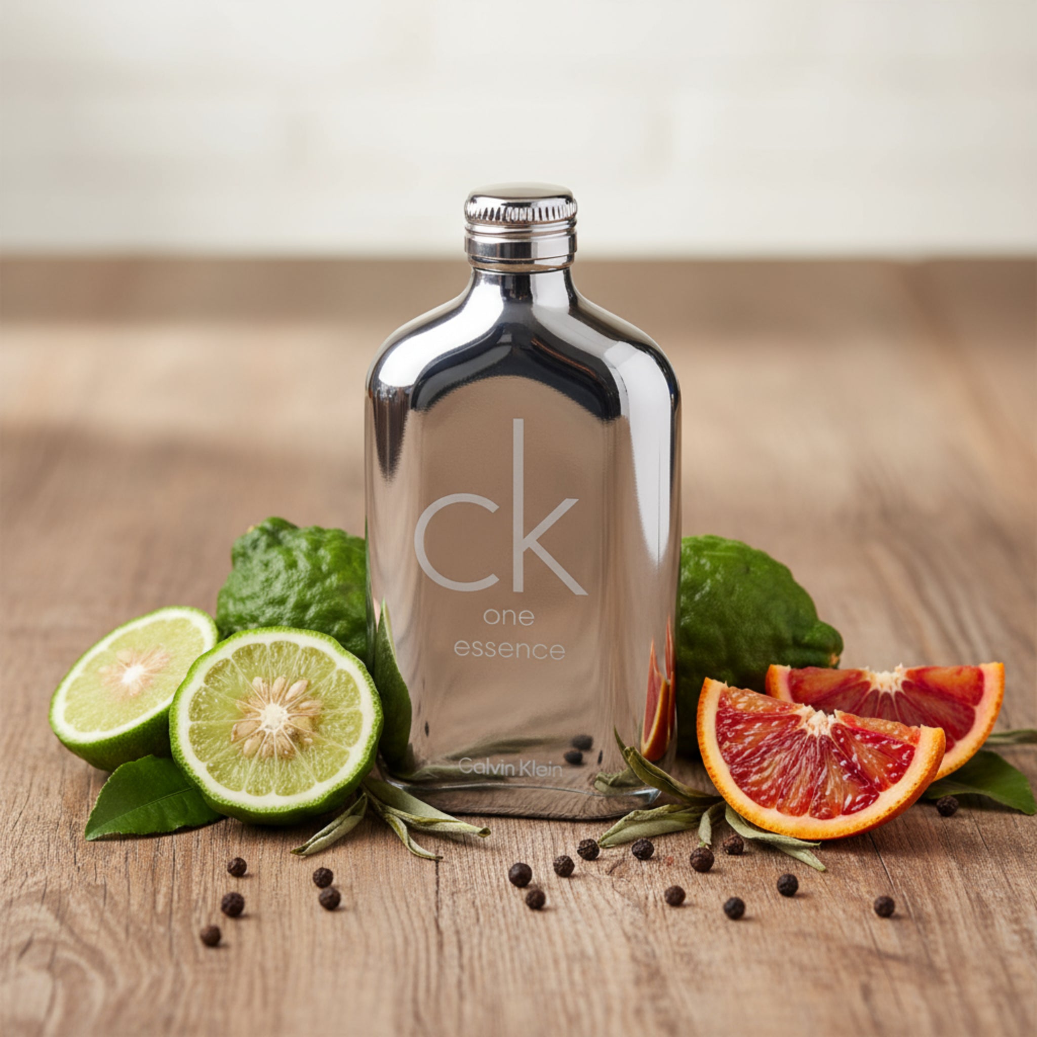 Silver Calvin Klein perfume bottle on a white background