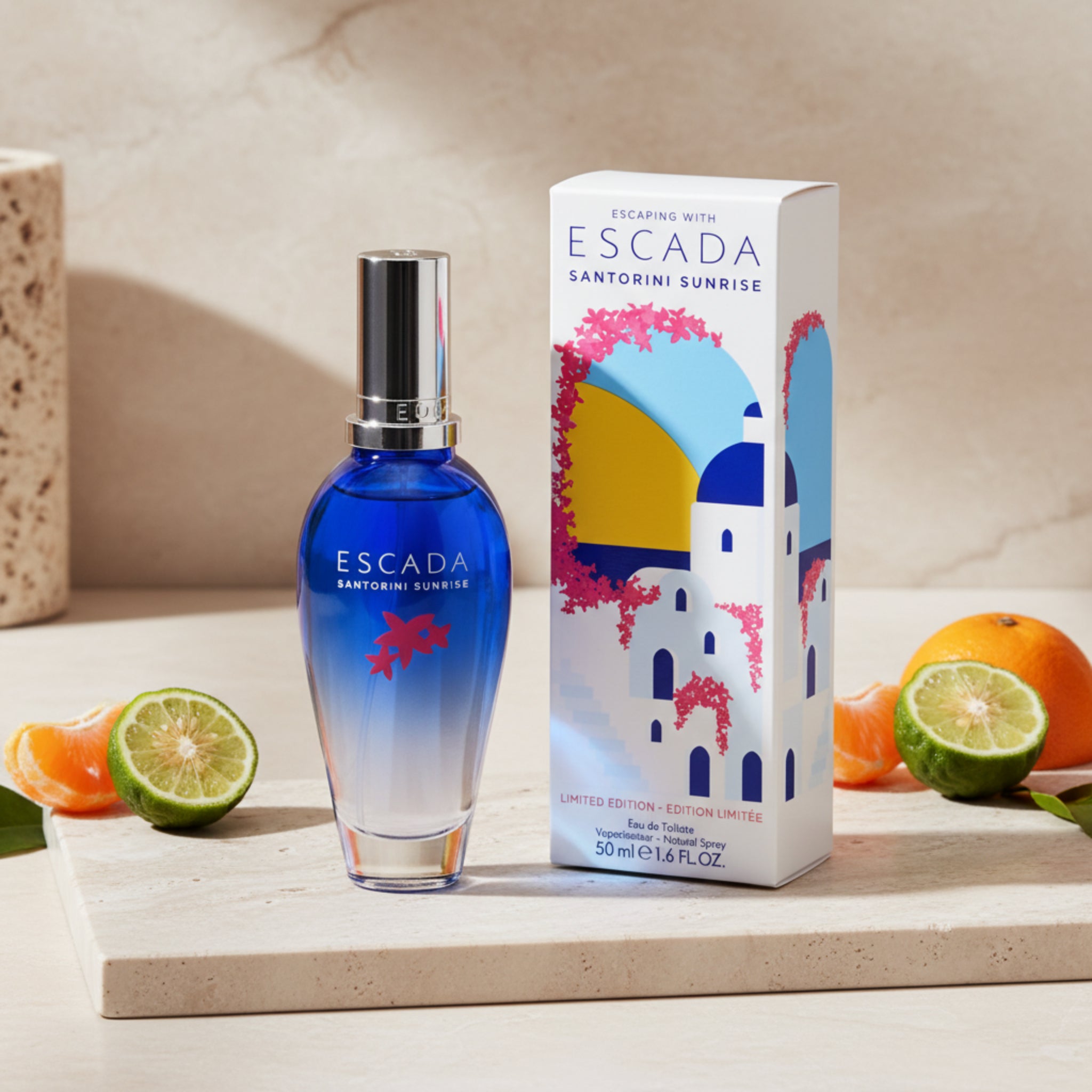 Escada Santorini Sunrise perfume bottle and packaging on a white background