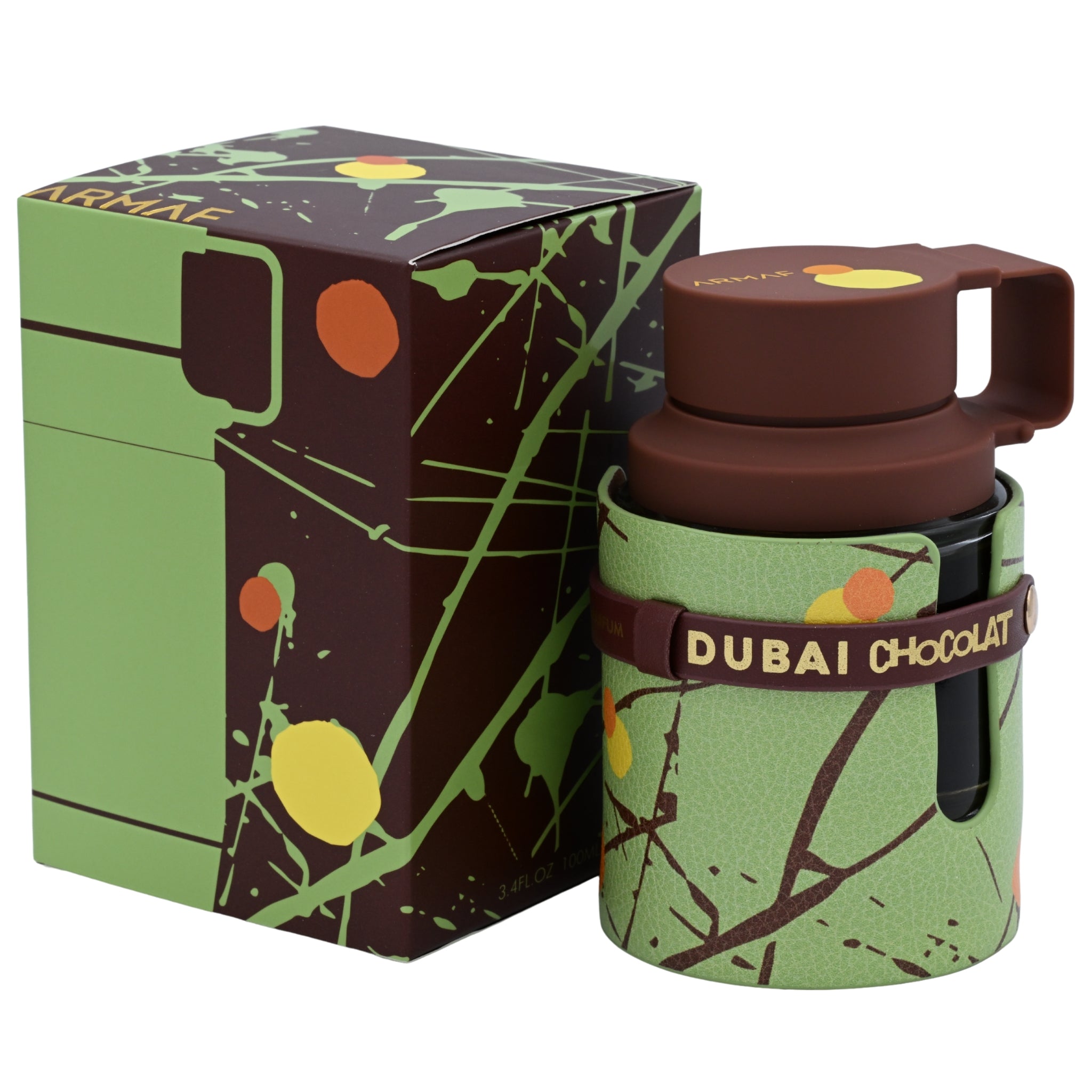 Green and brown bottle with 'Dubai Chocolat' branding next to a decorative box on a white background