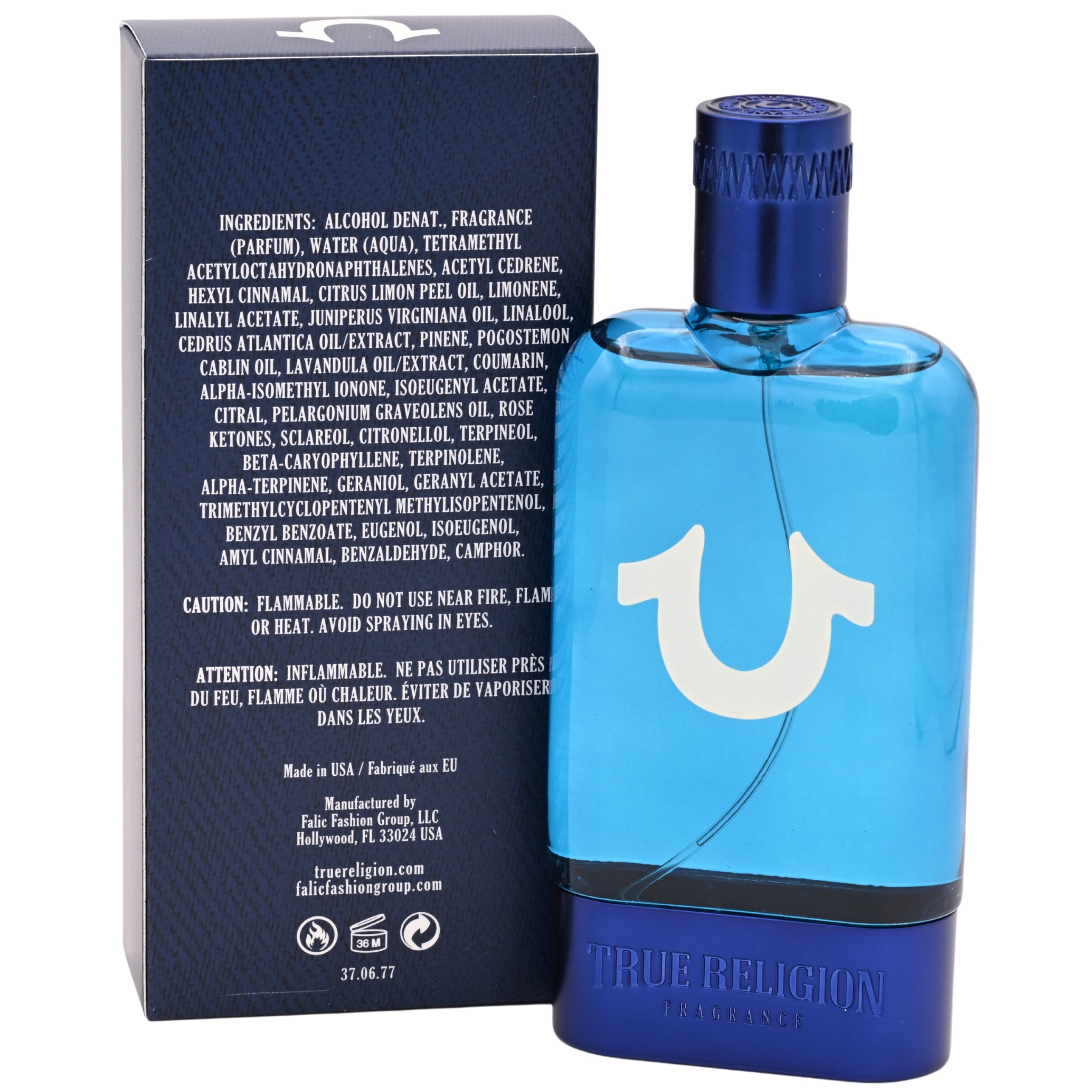 Blue True Religion perfume bottle with packaging on a white background