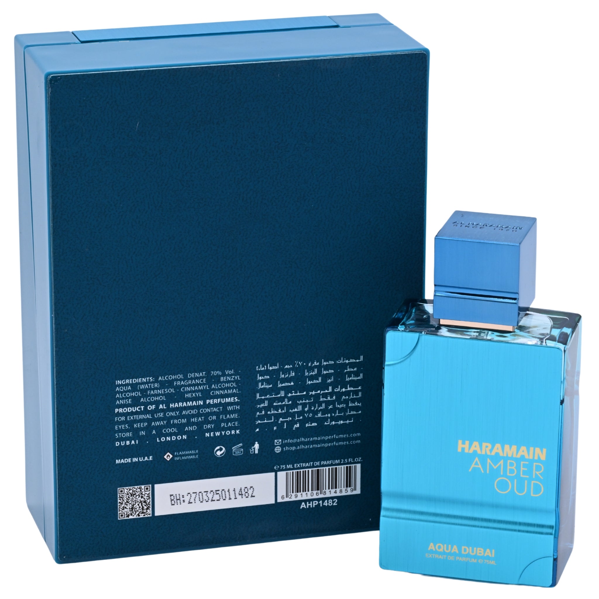 Blue perfume bottle and packaging with 'Haramain Amber Oud' branding on a white background