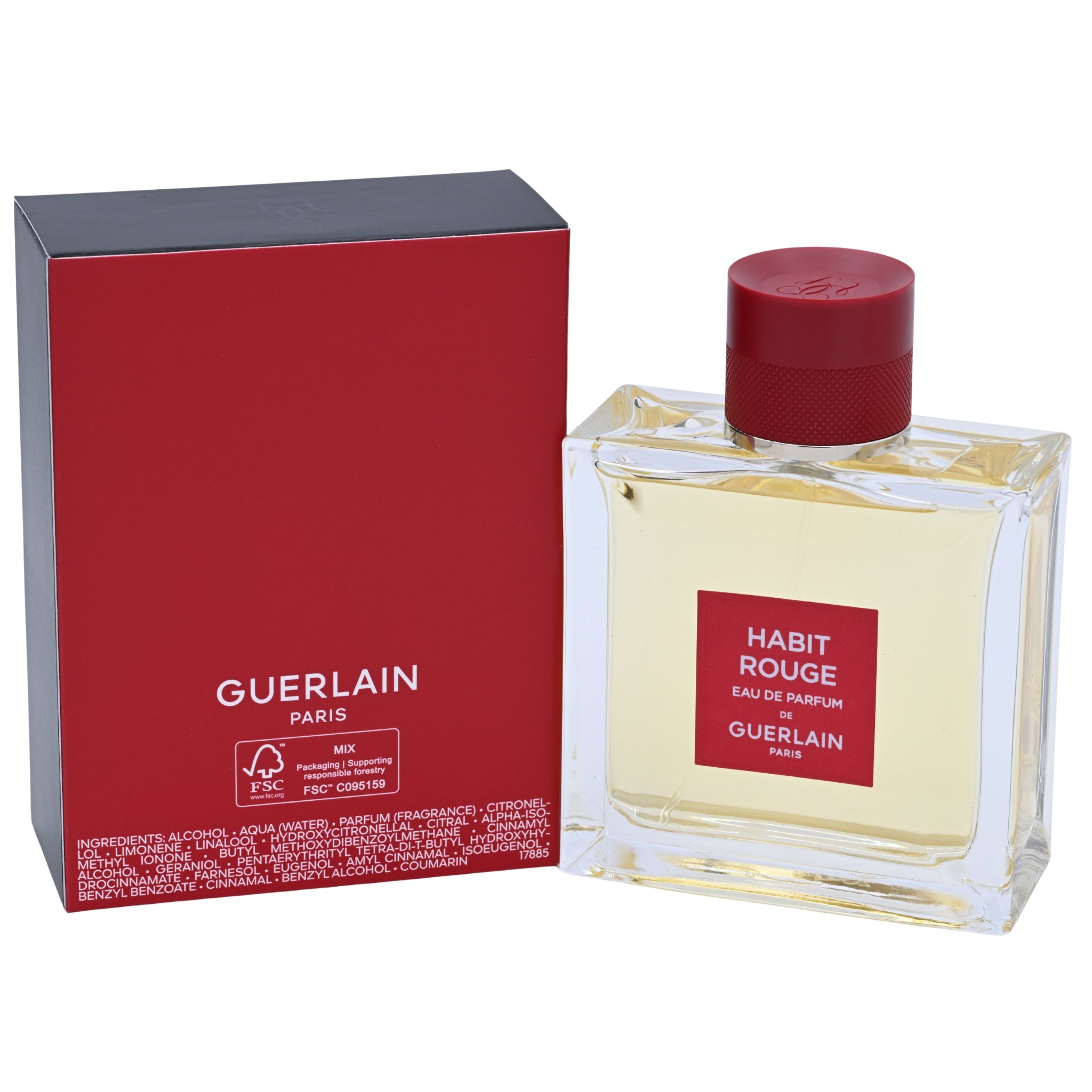 Guerlain Habit Rouge perfume bottle and packaging on a white background