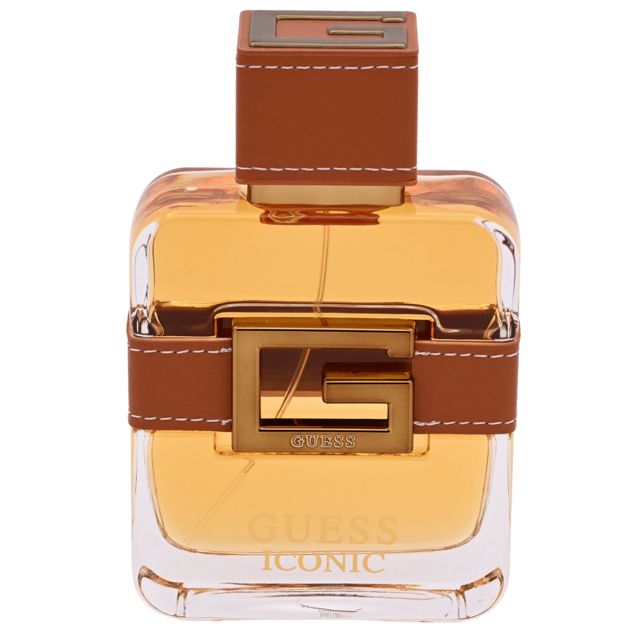 Guess Iconic perfume bottle with brown leather strap on a white background
