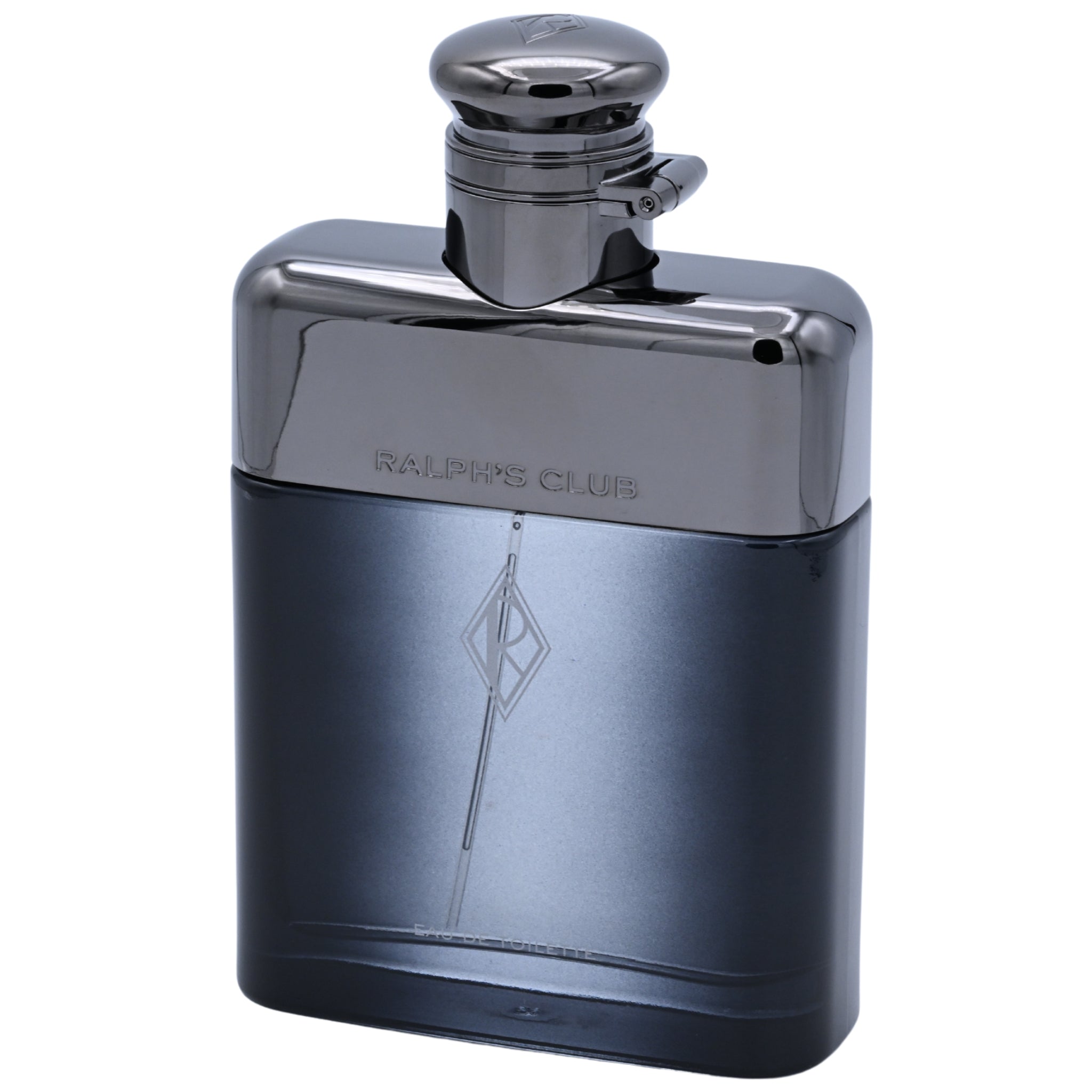 Chrome and black flask with 'Ralph's Club' branding on a white background