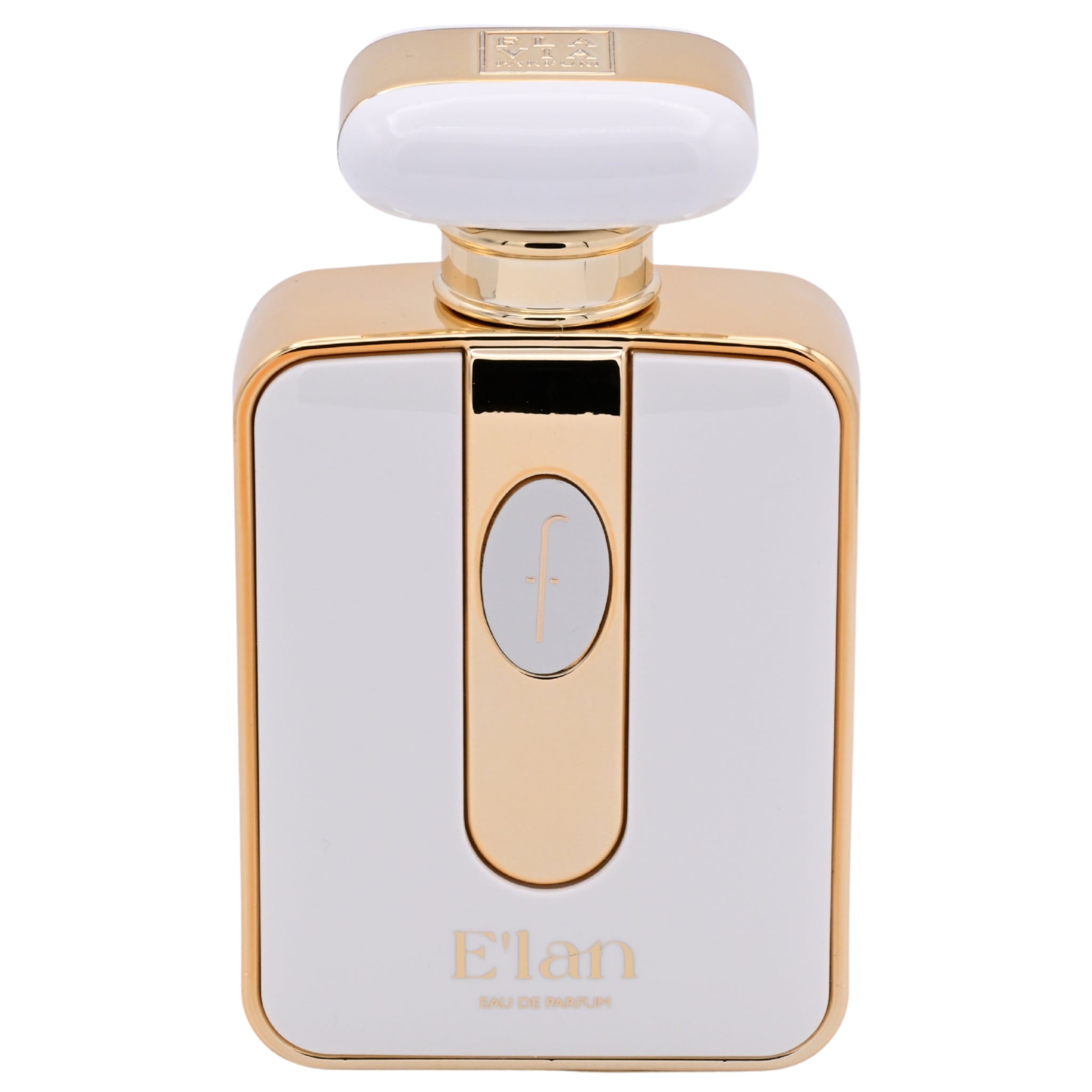 Gold and white perfume bottle with 'Elan' branding on a white background