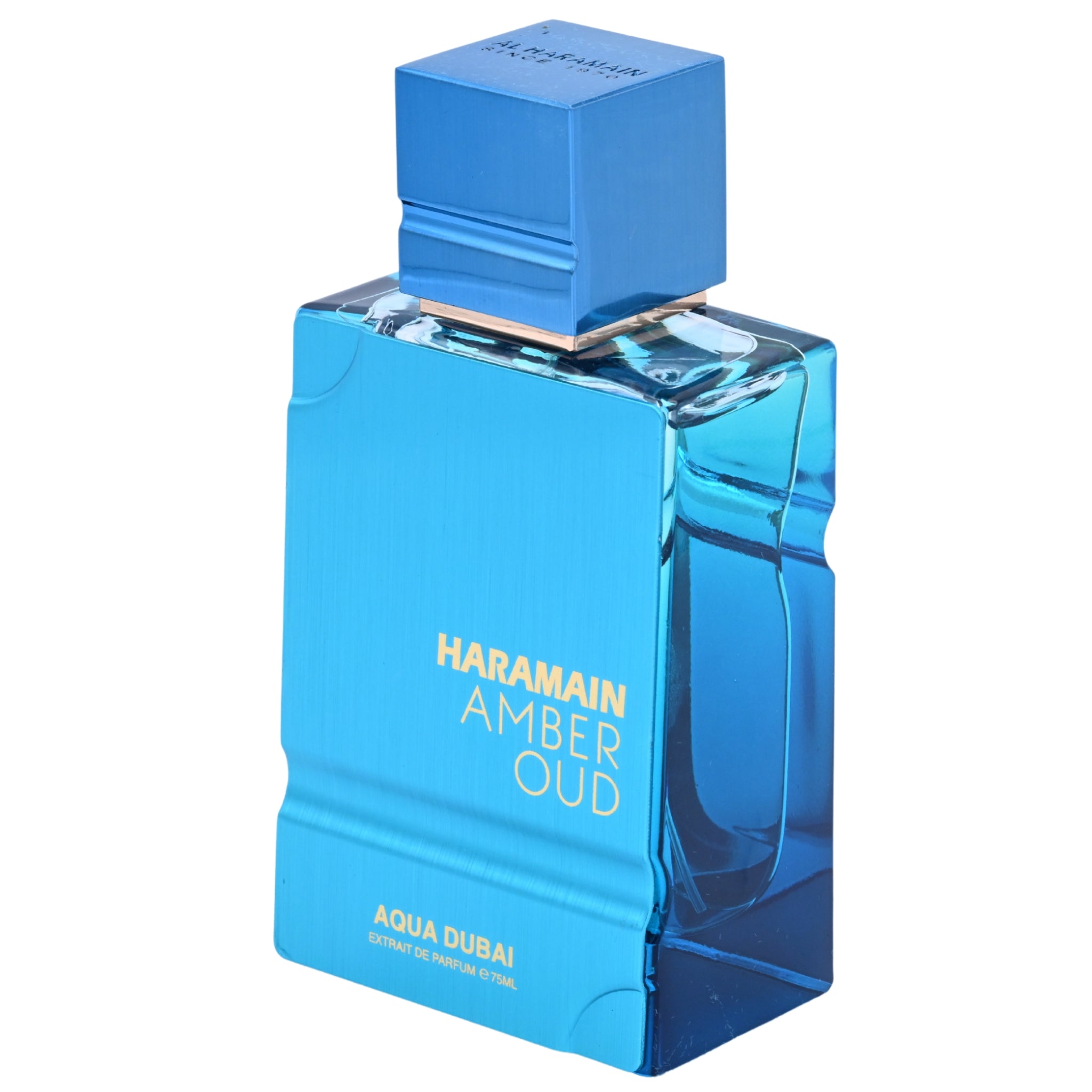 Blue perfume bottle labeled 'Haramain Amber Oud' on a white background