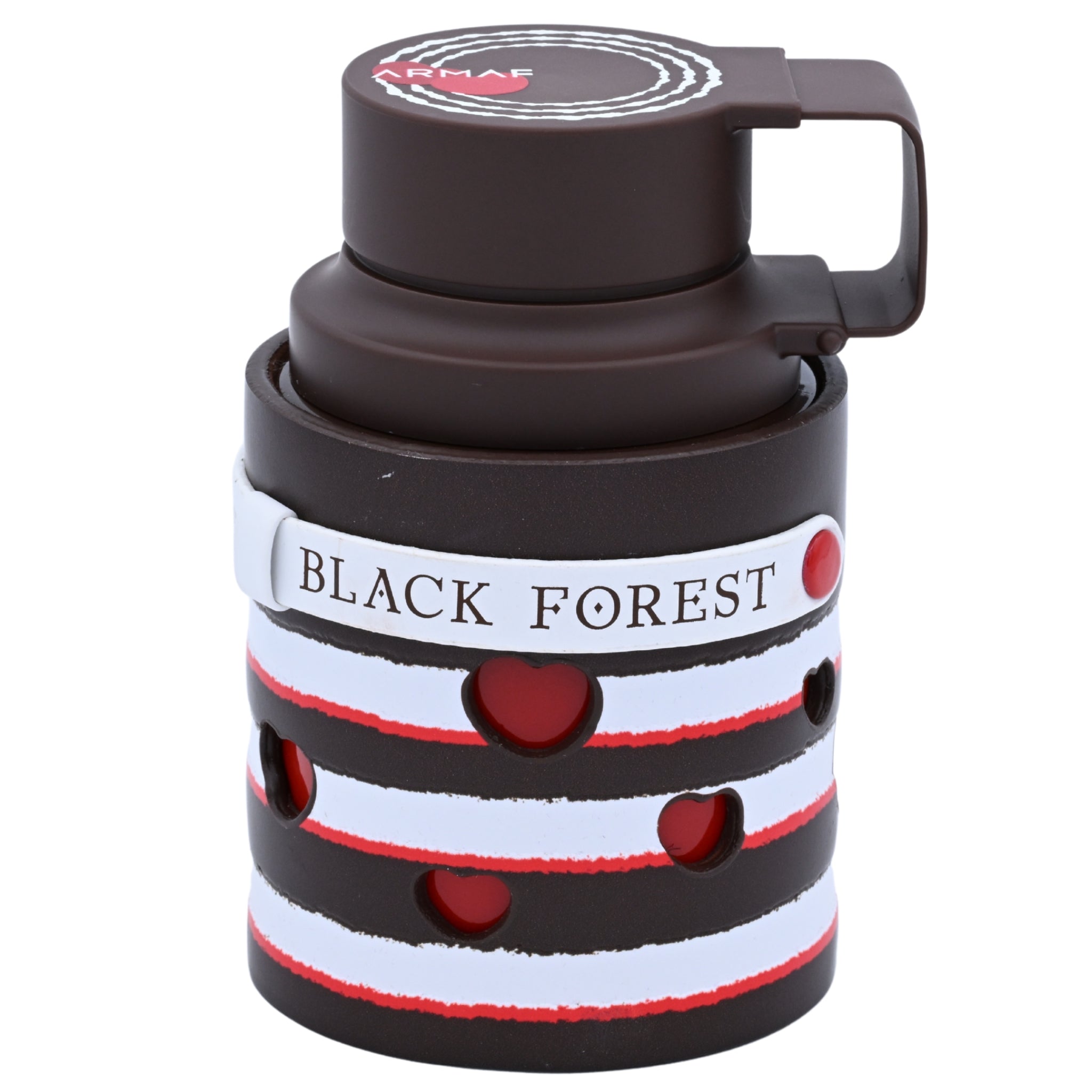 Black Forest-themed container with a brown lid on a white background