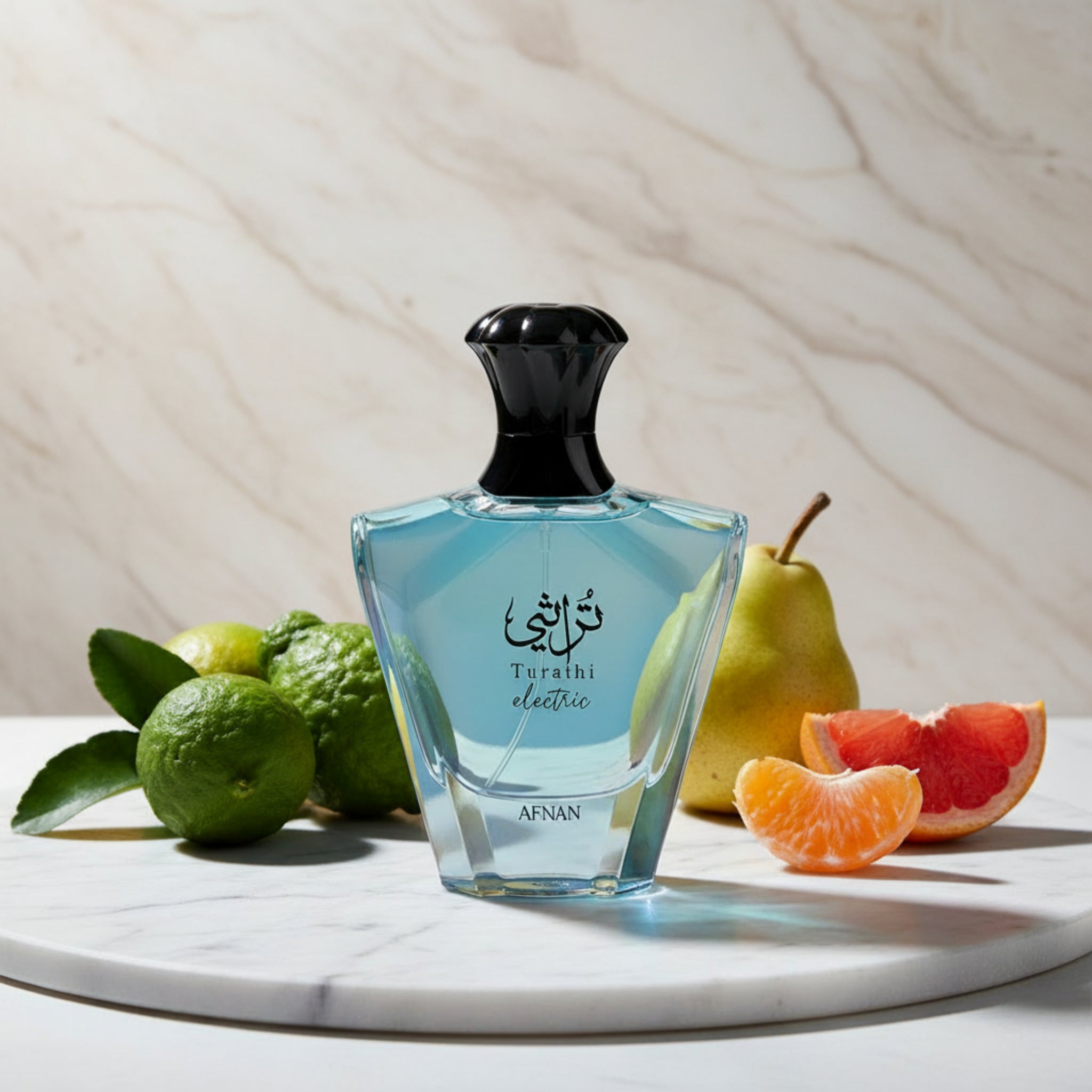 Blue perfume bottle with black cap on a white background