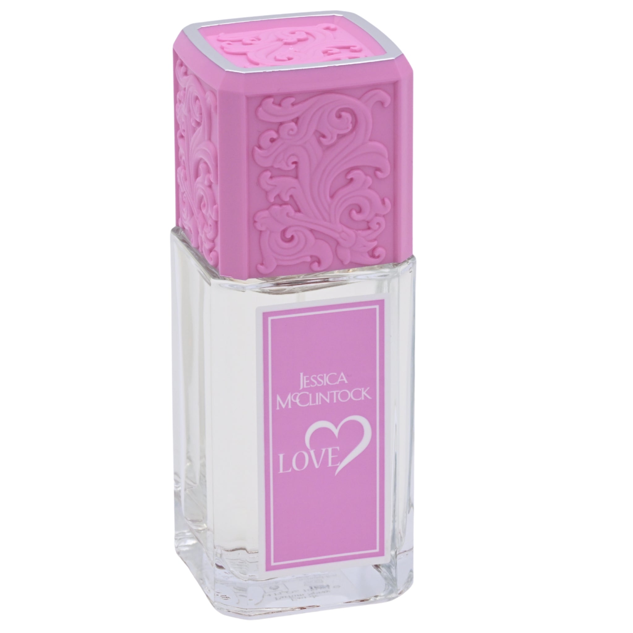 Jessica McClintock Love perfume bottle with pink cap and label on a white background