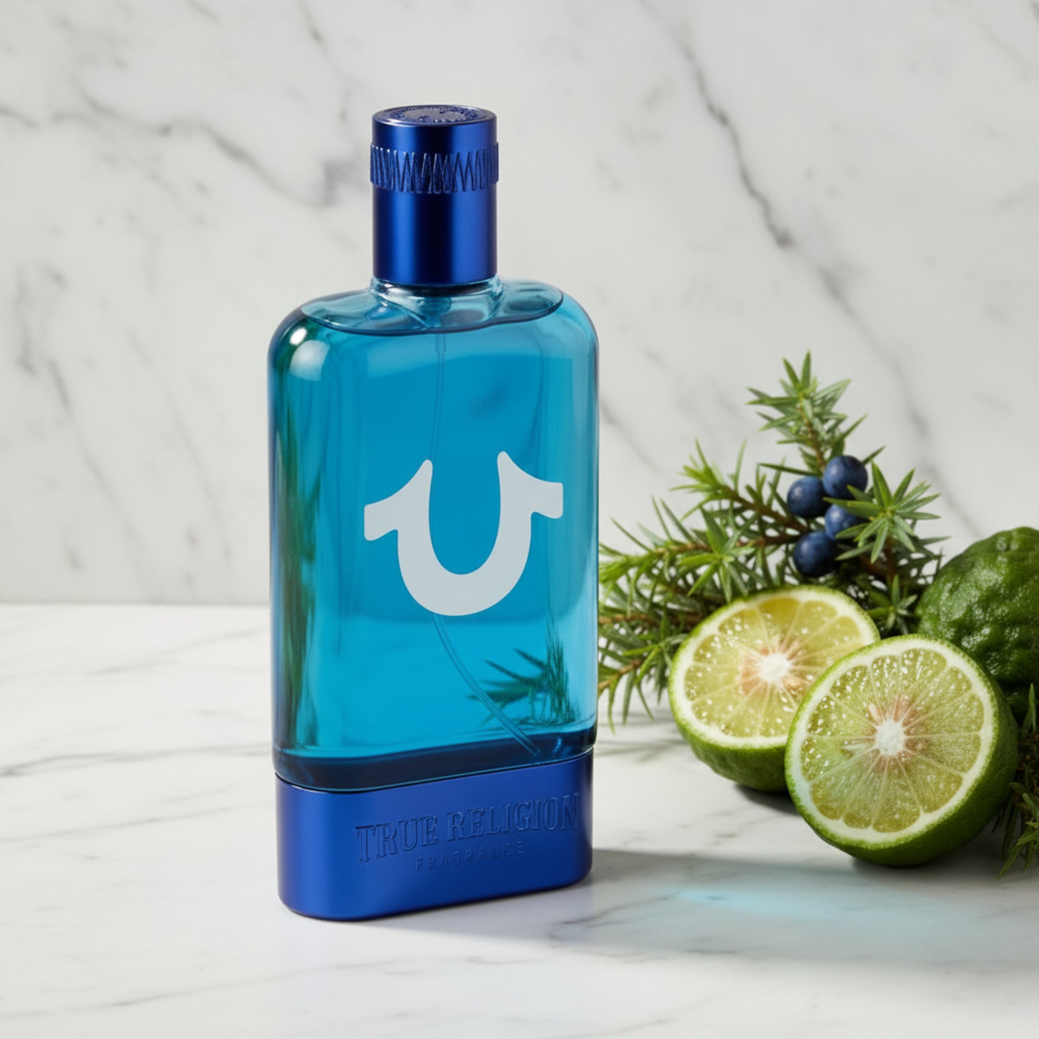 Blue perfume bottle with a blue cap on a white background