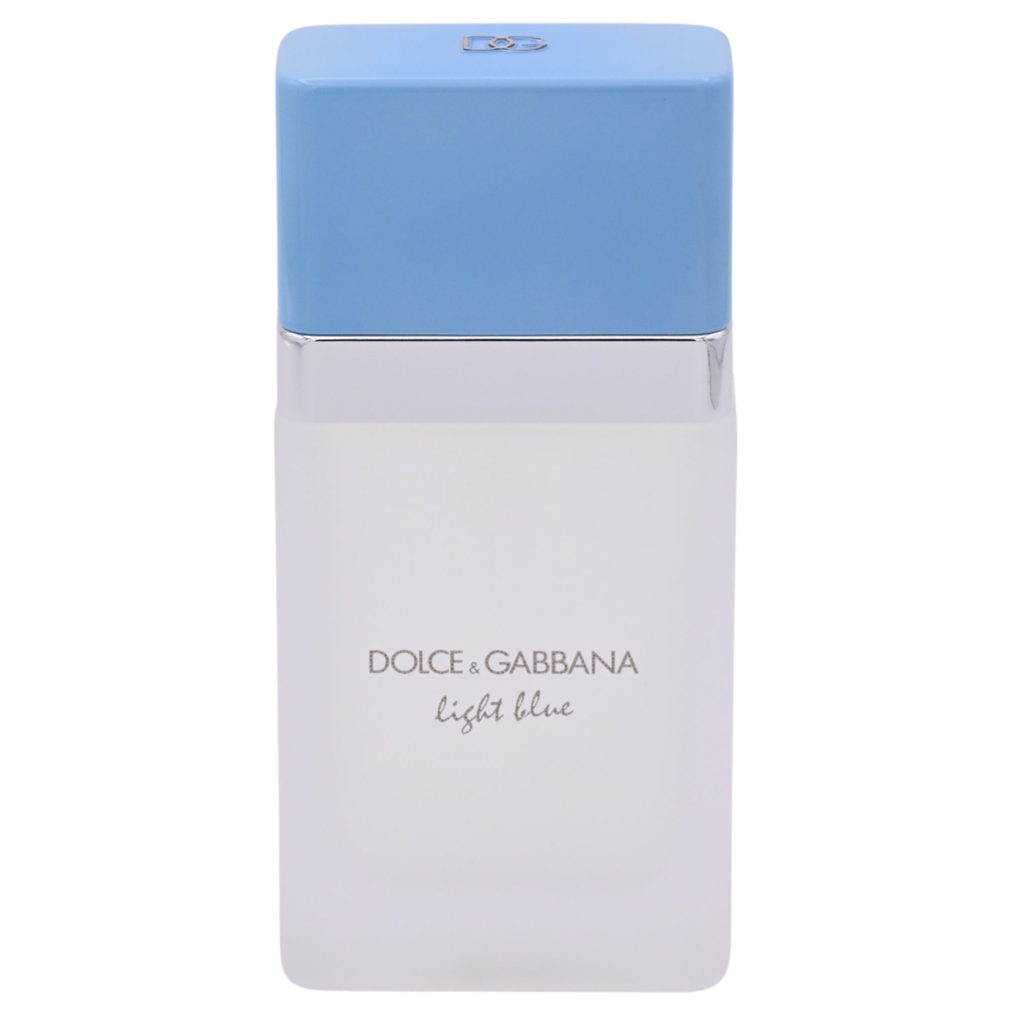 Dolce & Gabbana perfume bottle with light blue cap on a white background