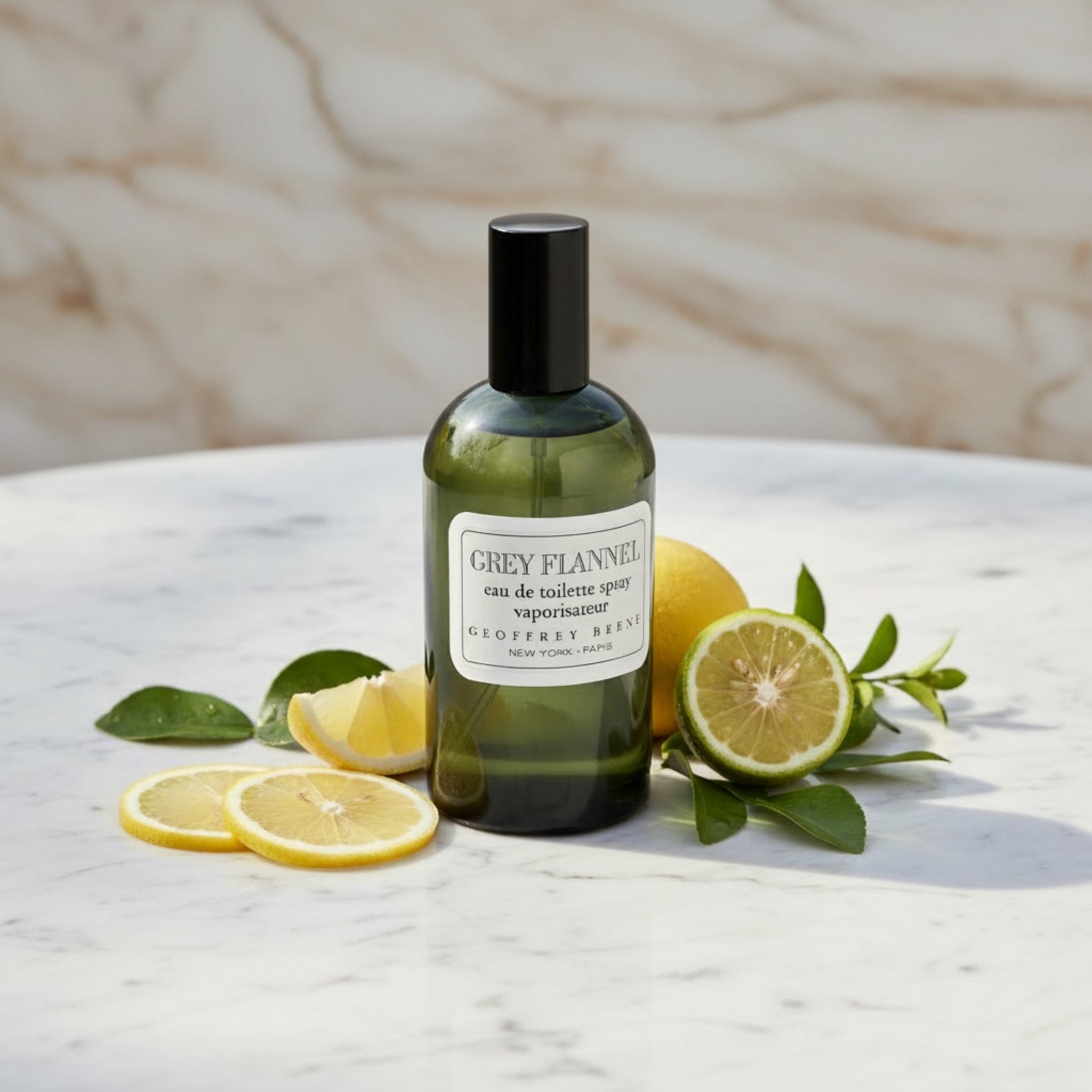 Green bottle of Grey Flannel eau de toilette by Geoffrey Beene on a white background