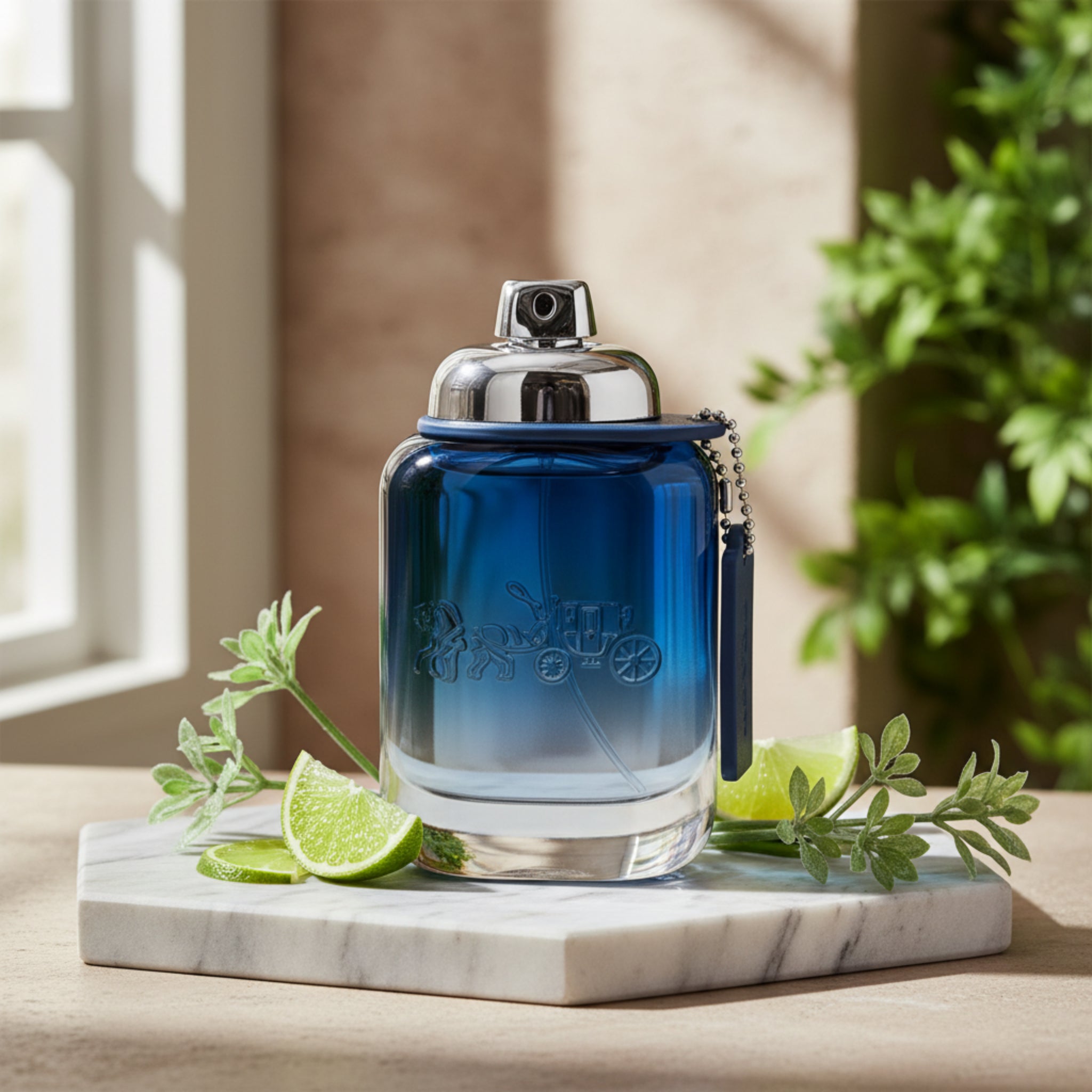 Blue perfume bottle with silver cap on a white background