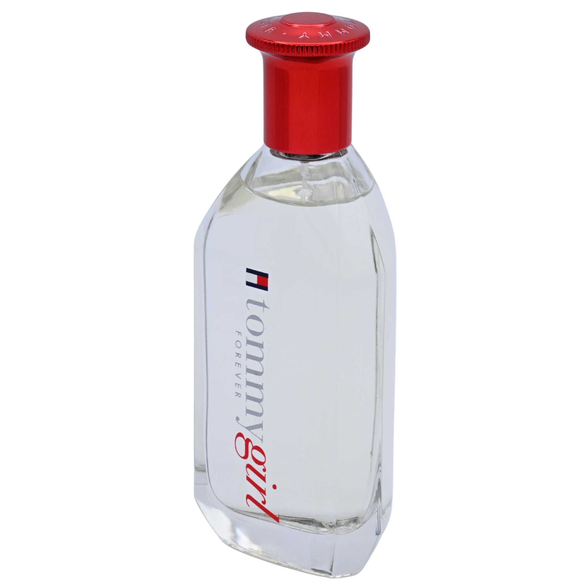 Tommy Hilfiger cologne bottle with red cap on a white background