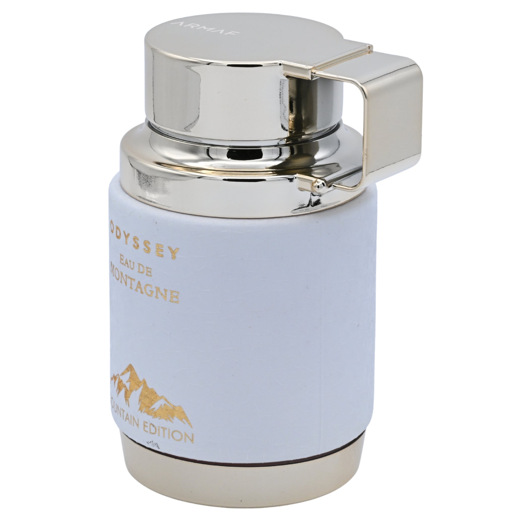 Perfume bottle with silver cap and light blue body on a white background