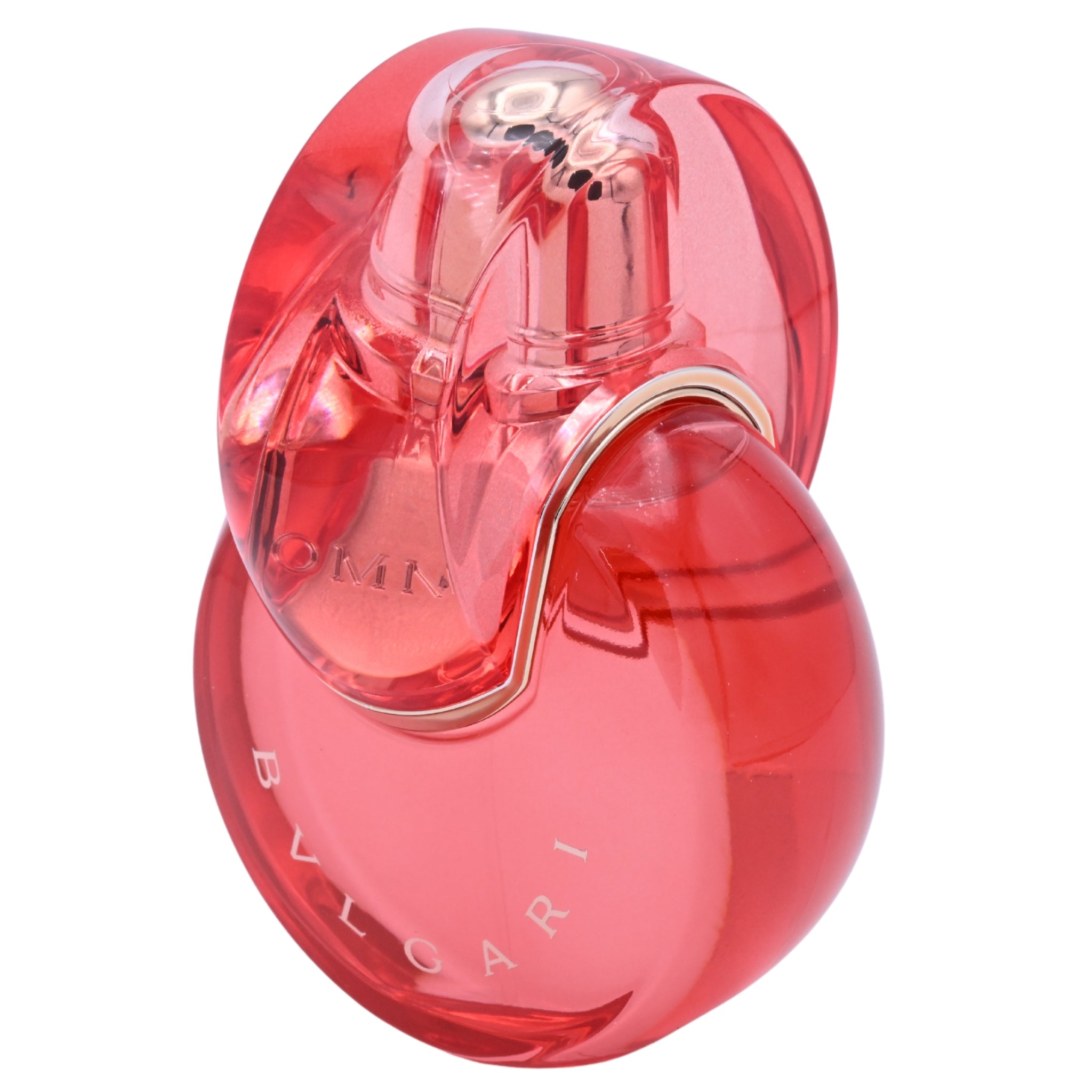 Red Bvlgari perfume bottle on a white background