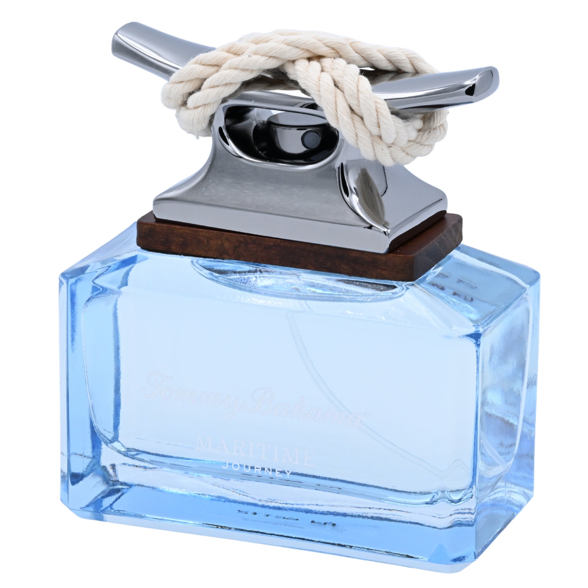Blue glass bottle with silver cap and rope on a white background