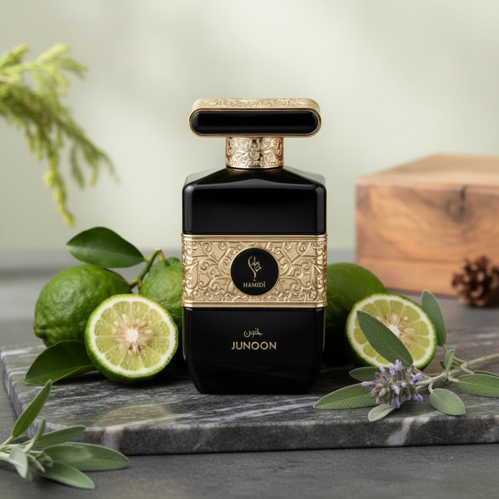 Perfume bottle with gold accents on a marble surface surrounded by limes and greenery