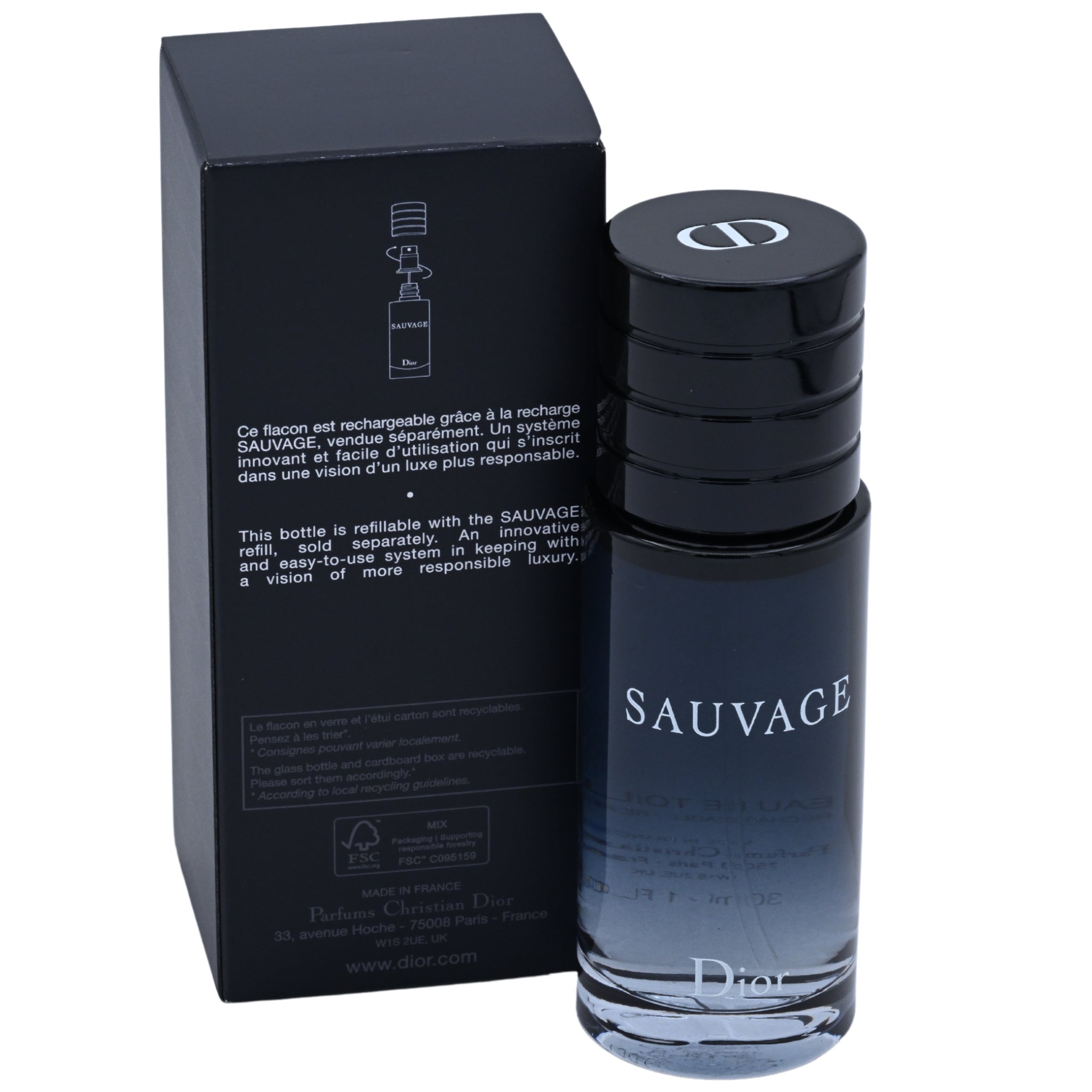 Dior Sauvage perfume bottle with packaging on a white background