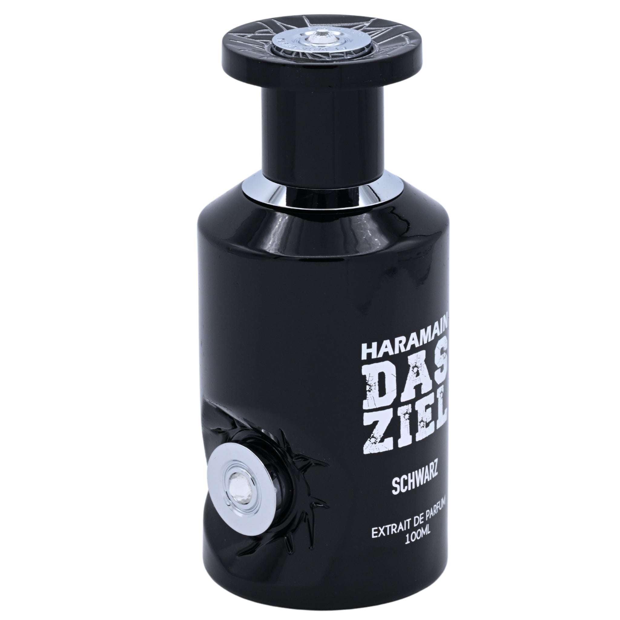 Black perfume bottle with silver cap and 'Haramain' branding on a white background