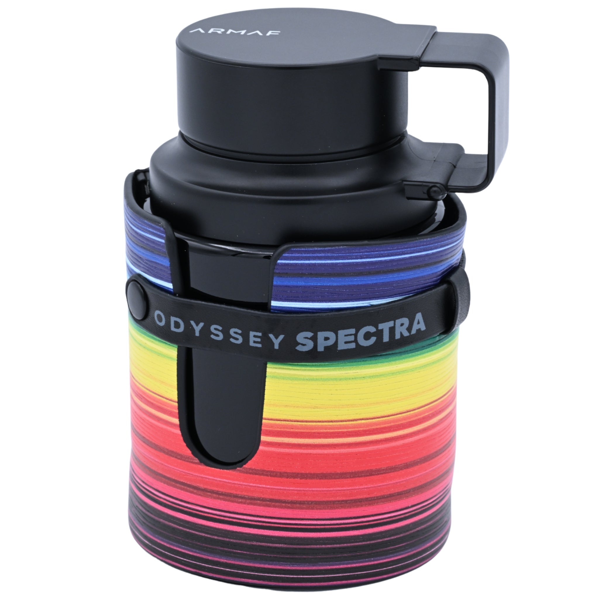 Colorful thermos with black lid on a white background