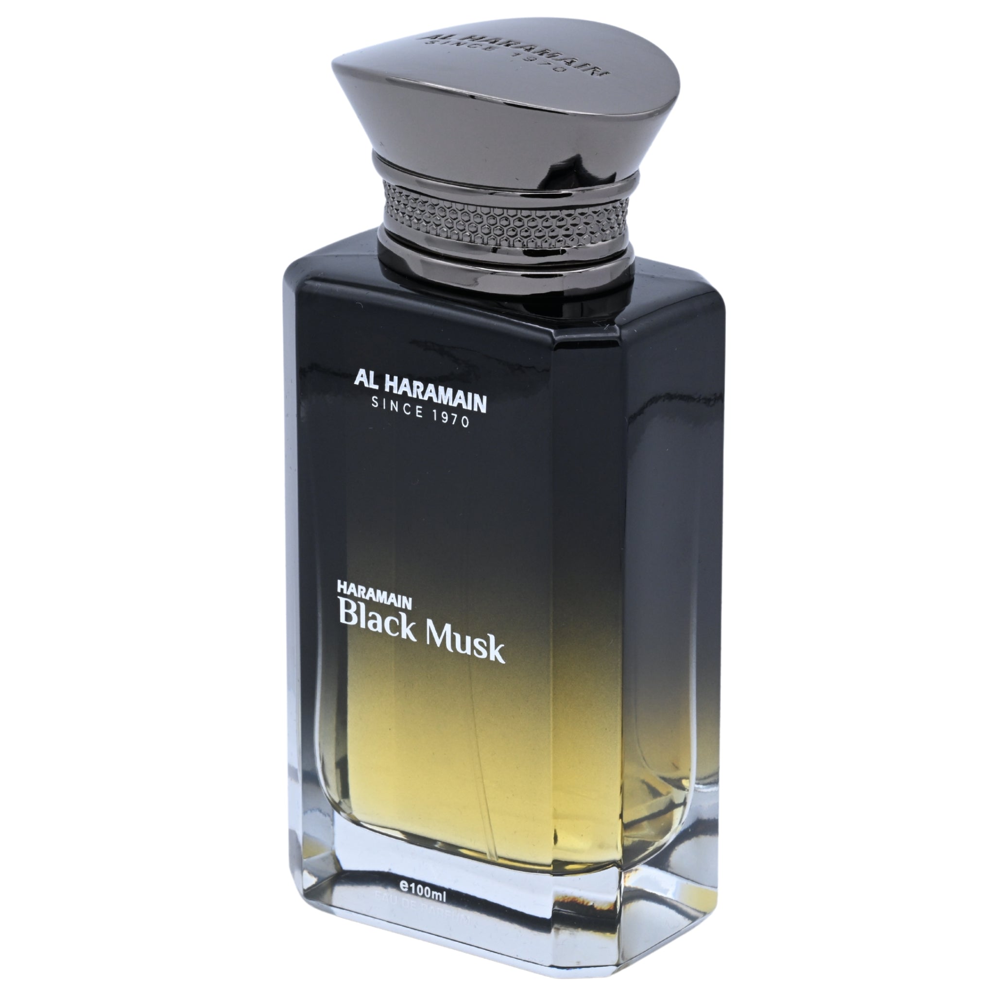 Al Haramain Black Musk perfume bottle on a white background