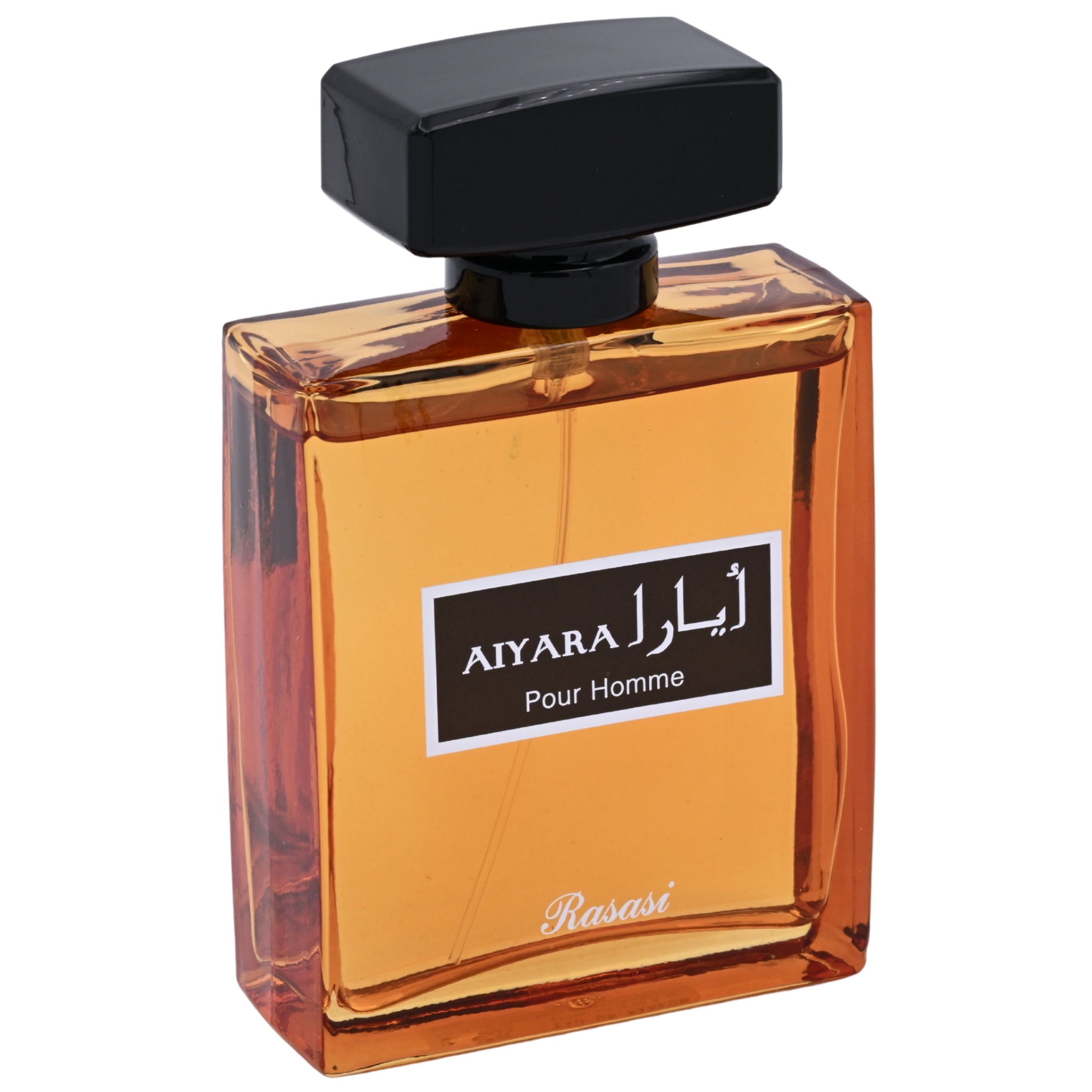 Perfume bottle labeled 'Aiyara Pour Homme' with a black cap on a white background