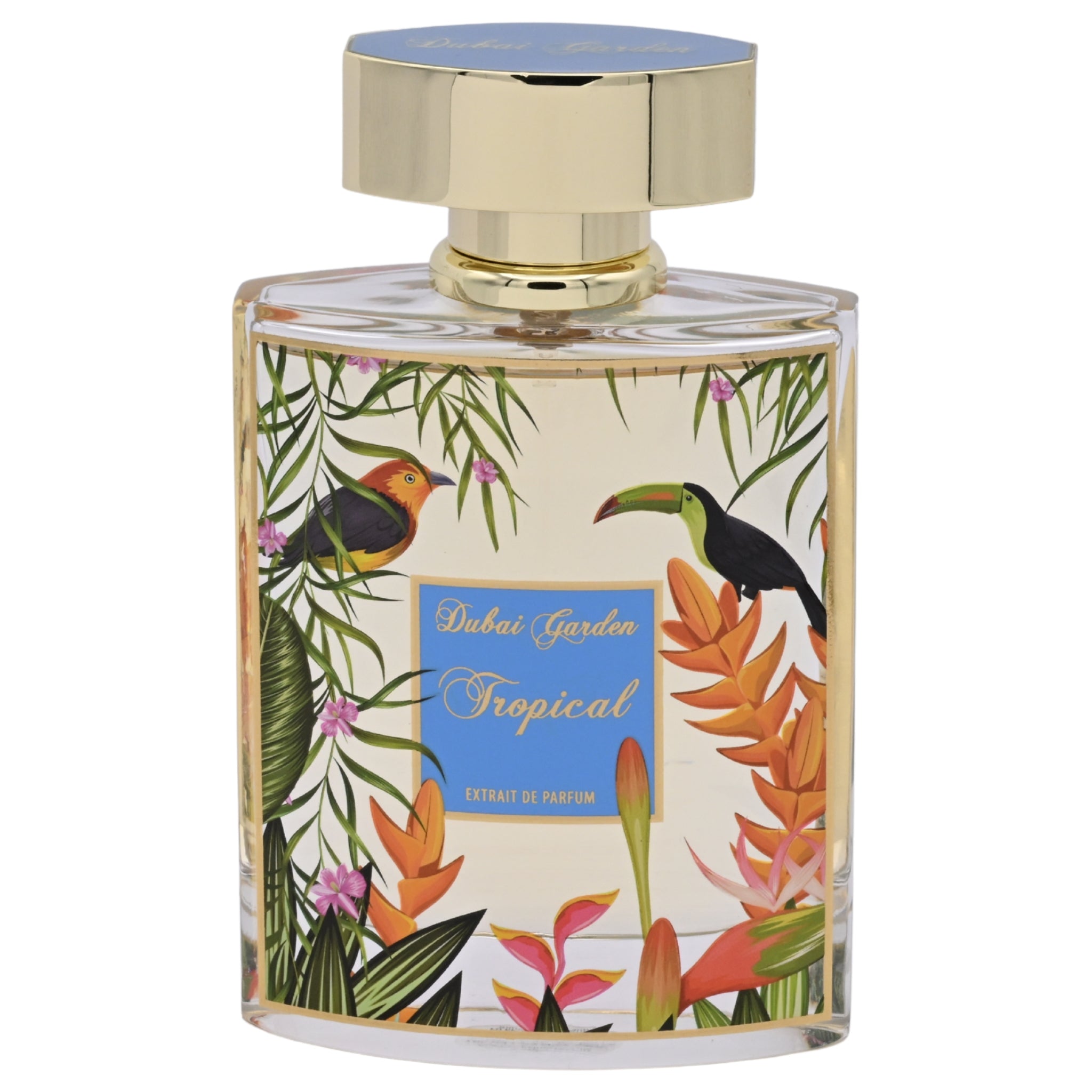 Perfume bottle with tropical design and gold cap on a white background