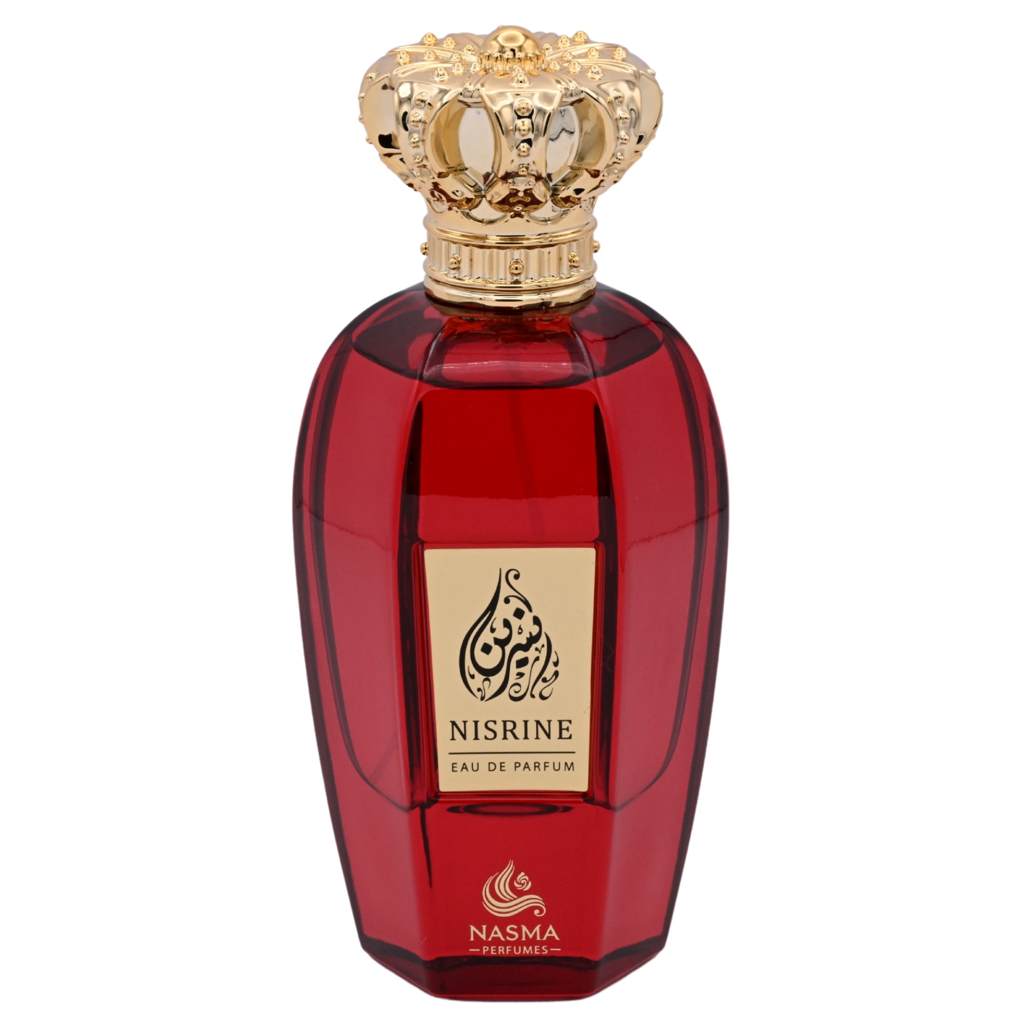 Red perfume bottle with gold cap on a white background