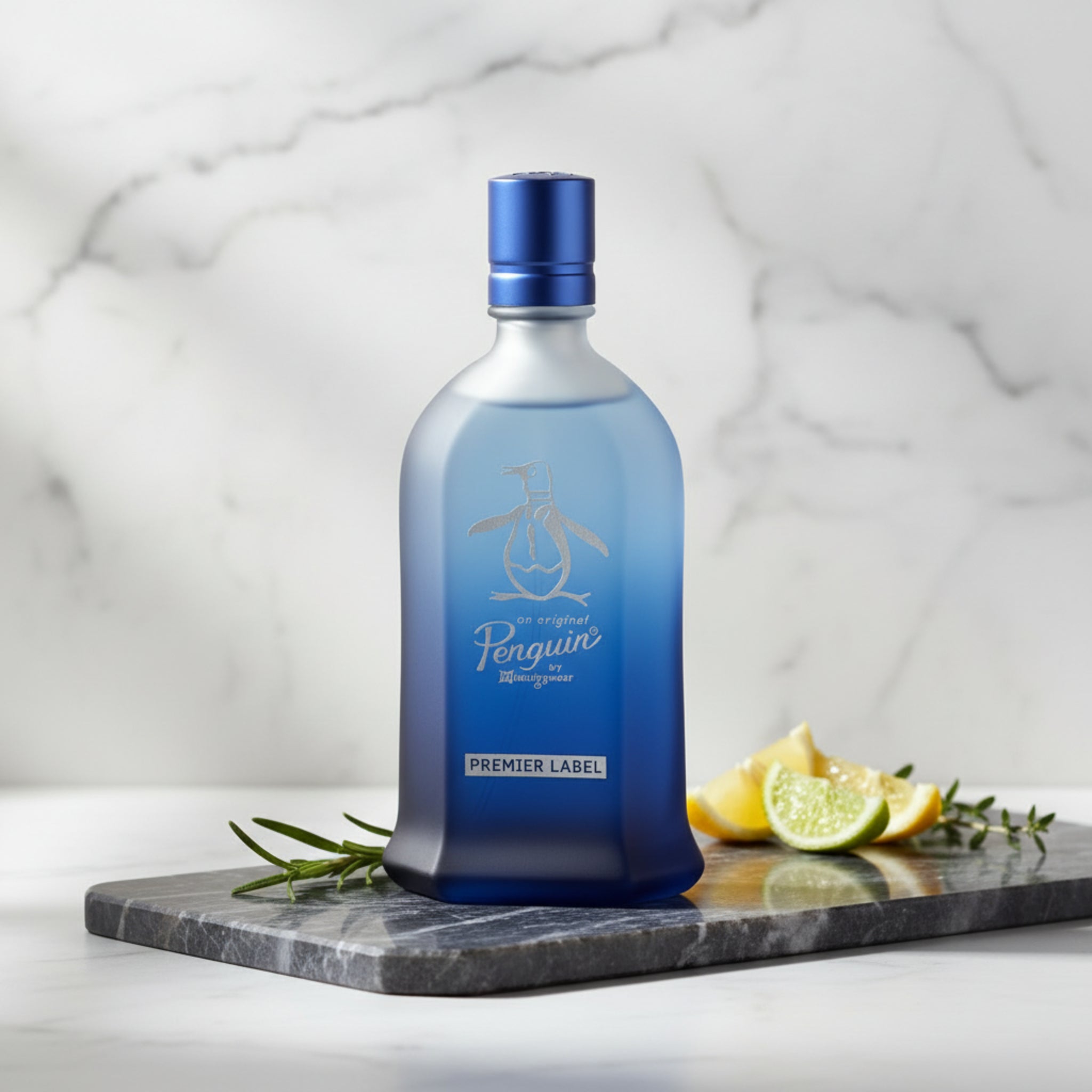 Penguin Montegoar perfume bottle on a marble surface with lemon slices and rosemary.