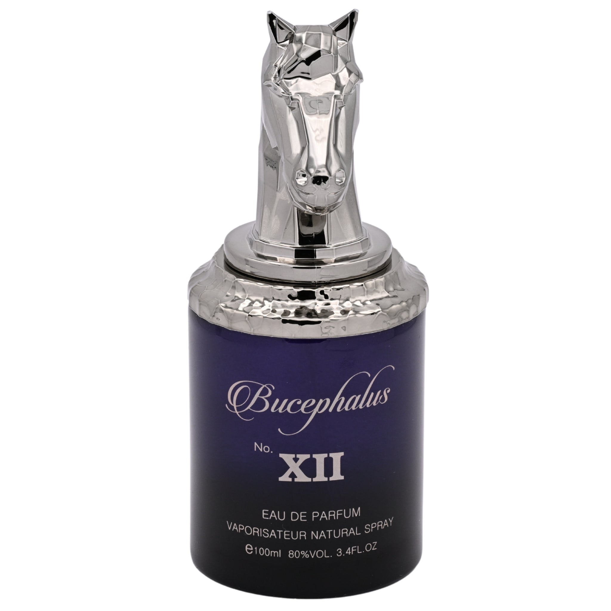 Bottle of Bucephalus No. XII Eau de Parfum with silver cap on a white background