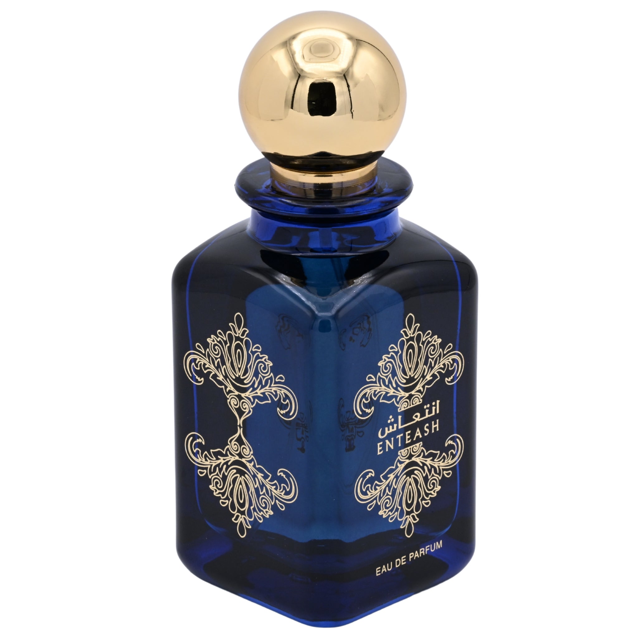 Blue perfume bottle with gold cap on a white background